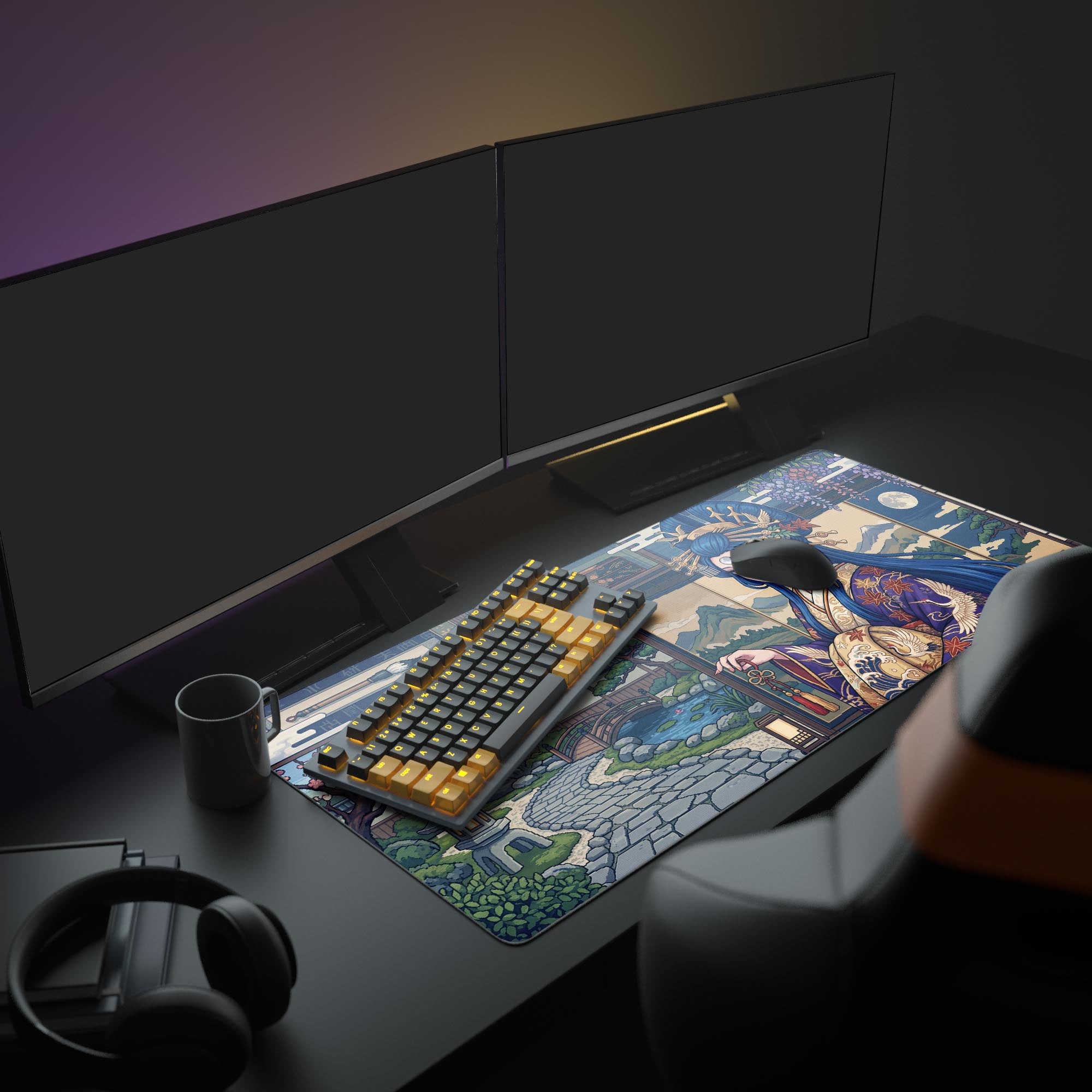 A stylish gaming setup featuring the Lunar Empress gaming desk mat, enhancing the aesthetic with its detailed Japanese pixel art and vibrant colors. - Epic Design Pads & Mousepads