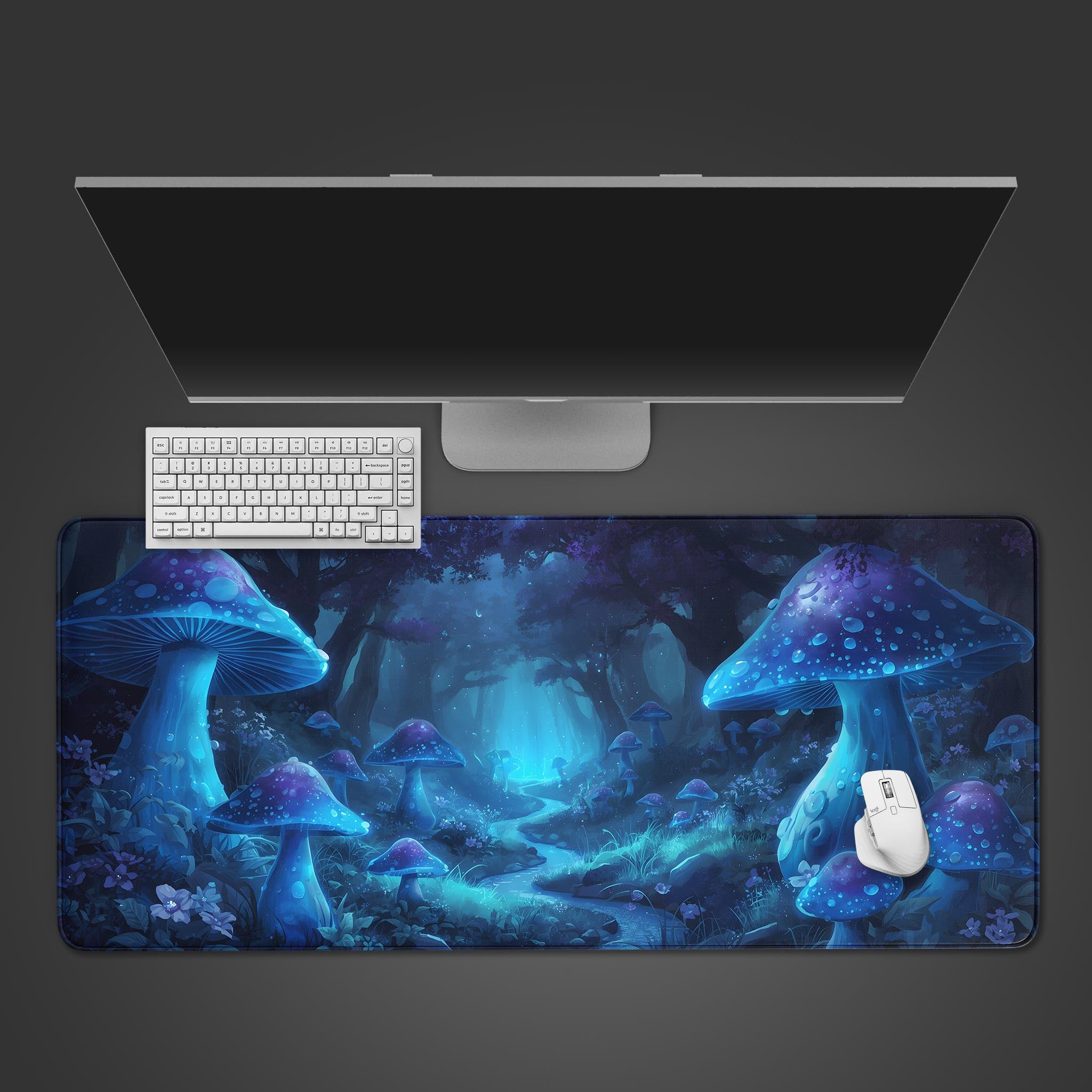 Magic Grove gaming desk mat with a bioluminescent mushroom forest design, shown from a top-down desktop view with a black keyboard and gaming mouse. - Epic Design Pads & Mousepads