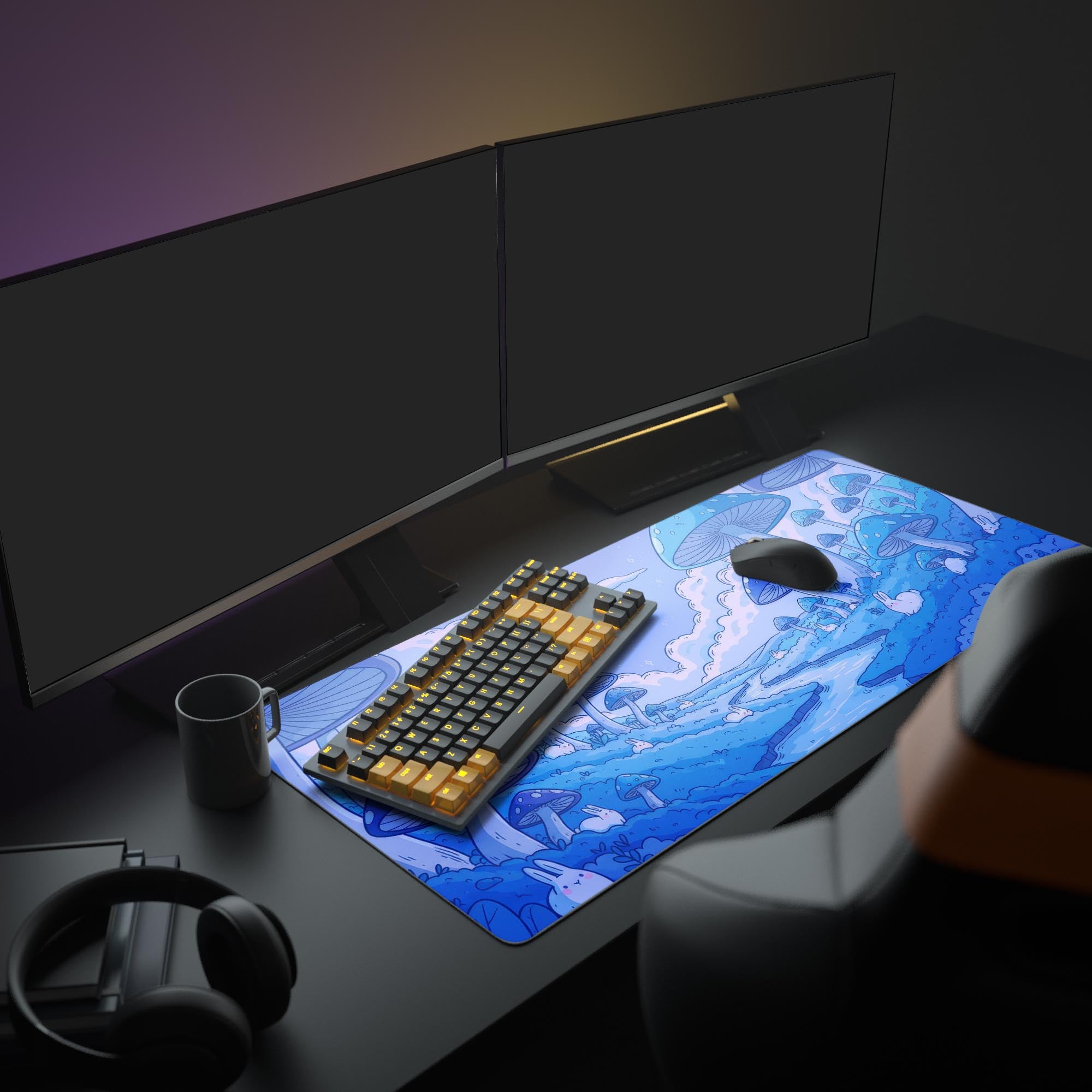 Large mushroom desk mat in a cozy gaming setup with dual monitors, headphones, and a mechanical keyboard, featuring the Magic Meadow design. - Epic Design Pads
