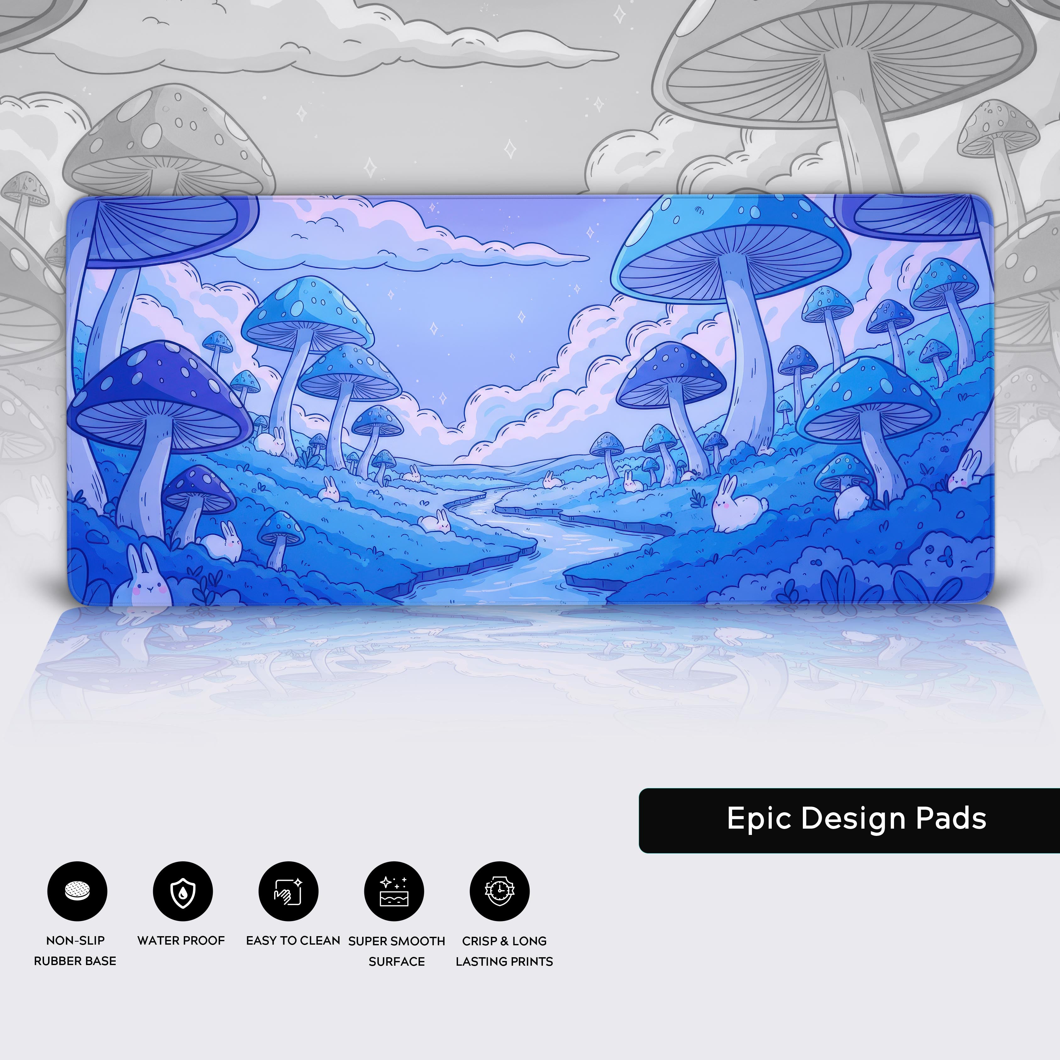 Close-up of the Magic Meadow mushroom desk mat showing the waterproof surface, stitched edges, and non-slip rubber base for smooth mouse control. - Epic Design Pads