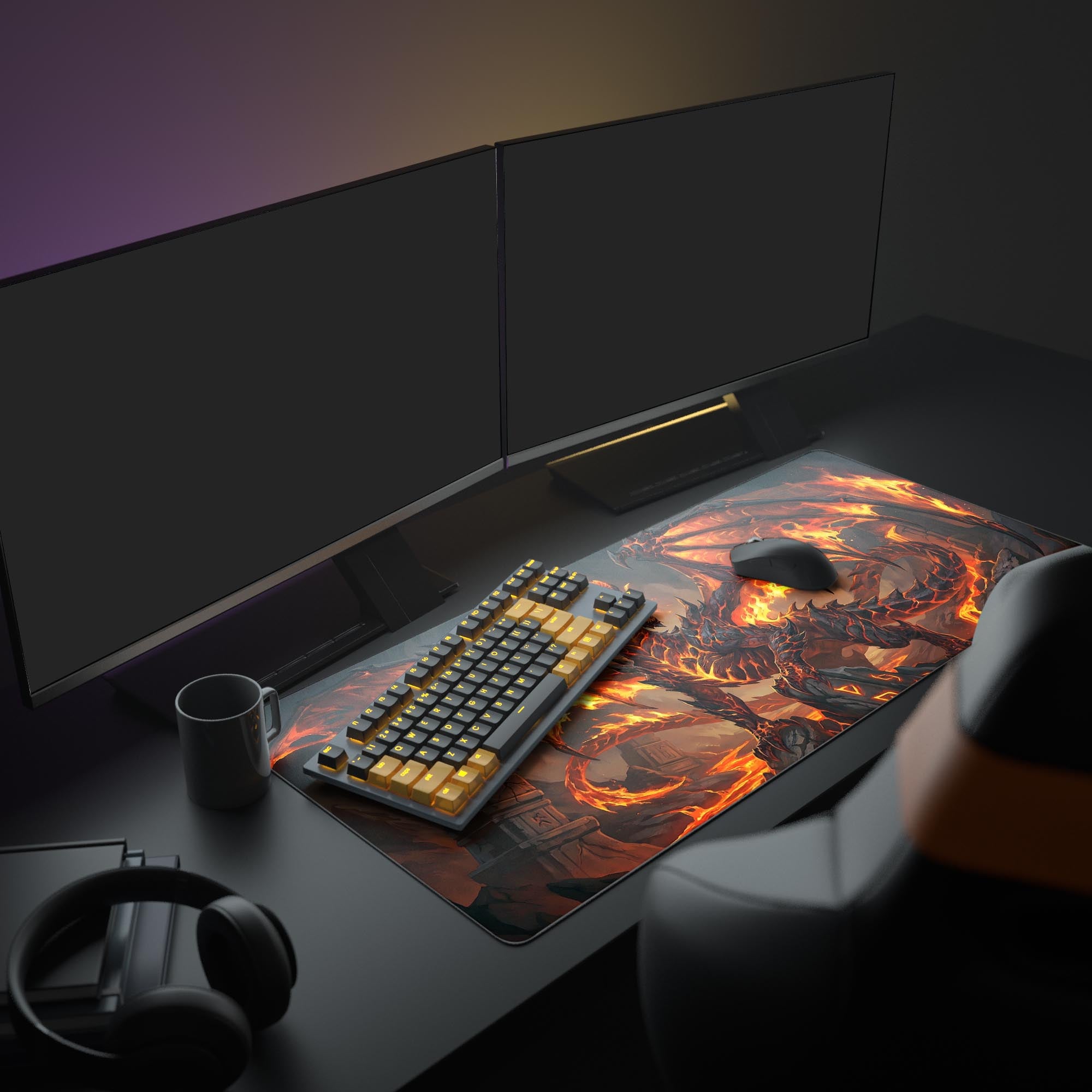 Large Magma Dragon gaming desk mat featured in a full gaming setup with dual monitors, keyboard, and ambient lighting. - Epic Design Pads & Mousepads