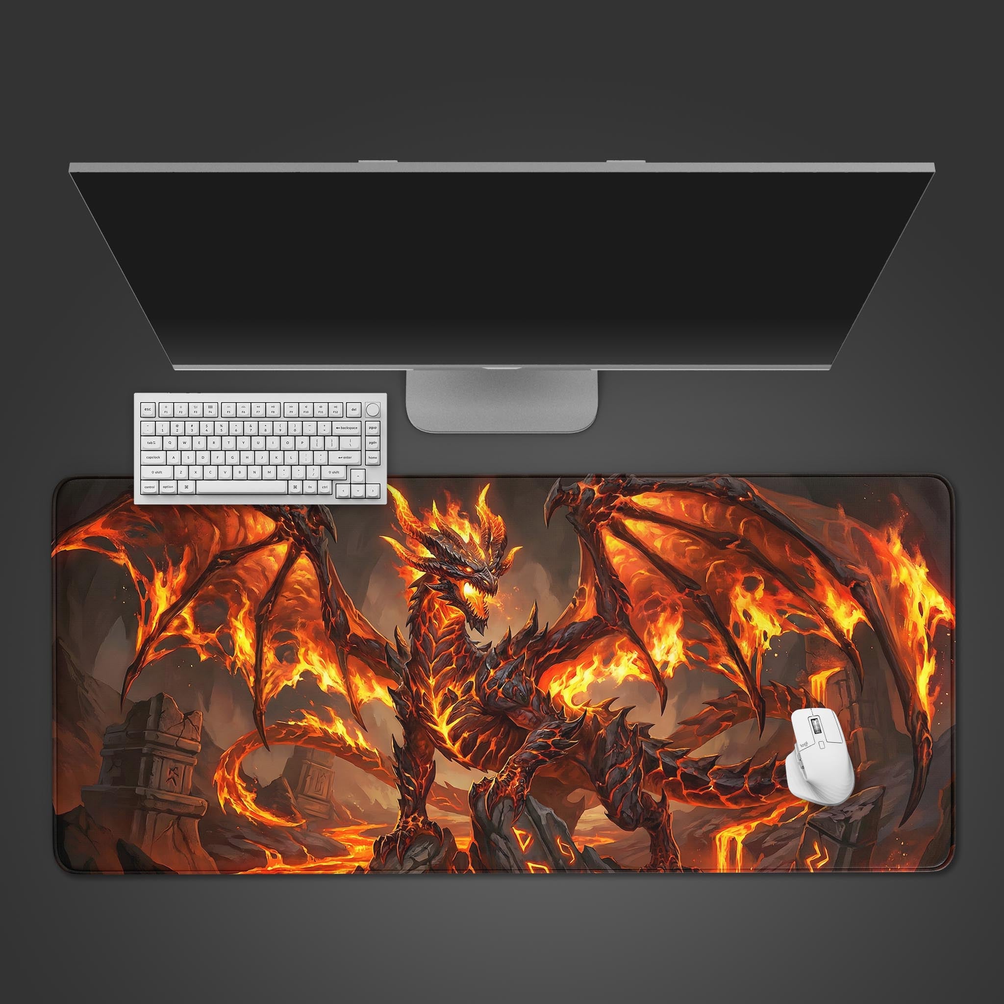 Magma Dragon gaming desk mat with epic volcanic fire design, shown as a desktop view with a keyboard and mouse. - Epic Design Pads & Mousepads