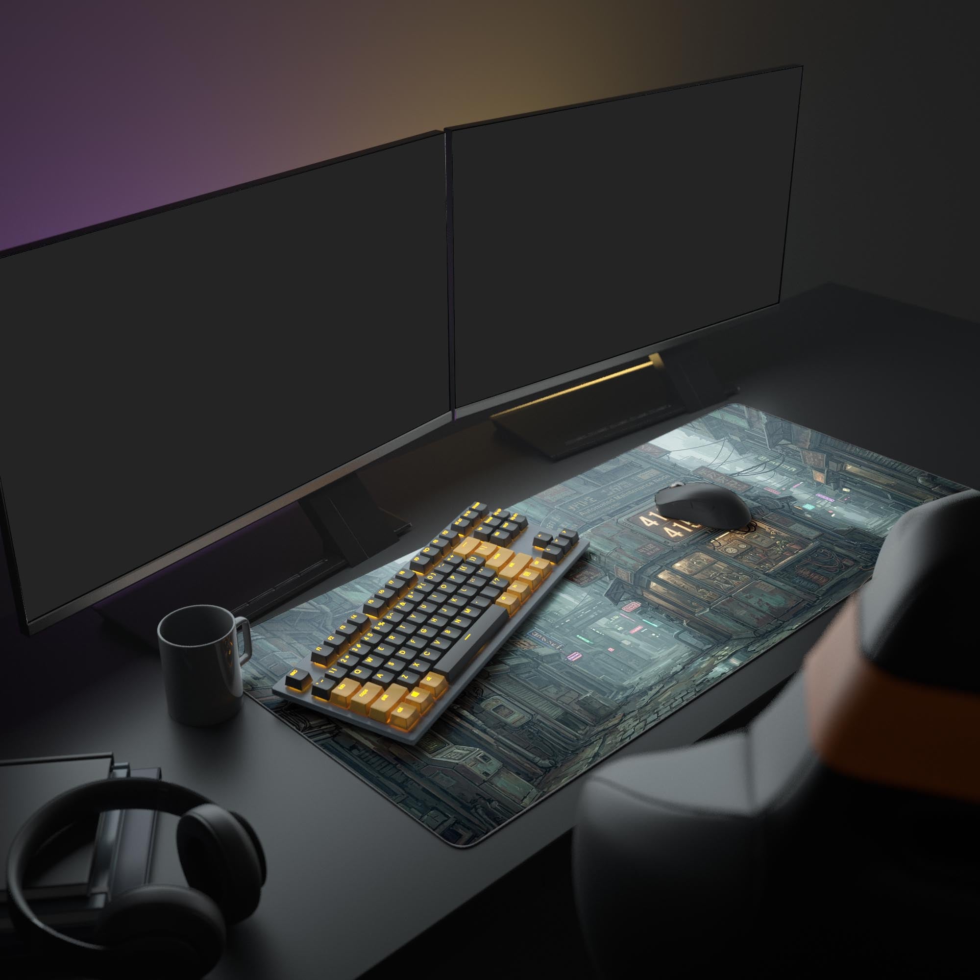 The industrial-themed Maintenance Node gaming desk mat elevating a full PC setup with glowing peripherals and multiple monitors. - Epic Design Pads & Mousepads