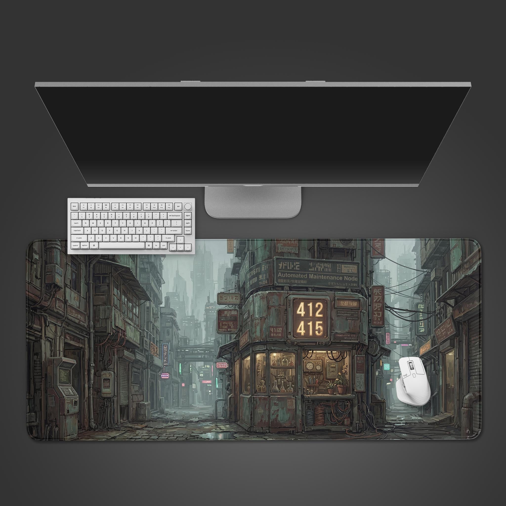 Top-down view of the Maintenance Node gaming desk mat, showcasing its dystopian cyberpunk city art beneath a modern keyboard and monitor. - Epic Design Pads & Mousepads