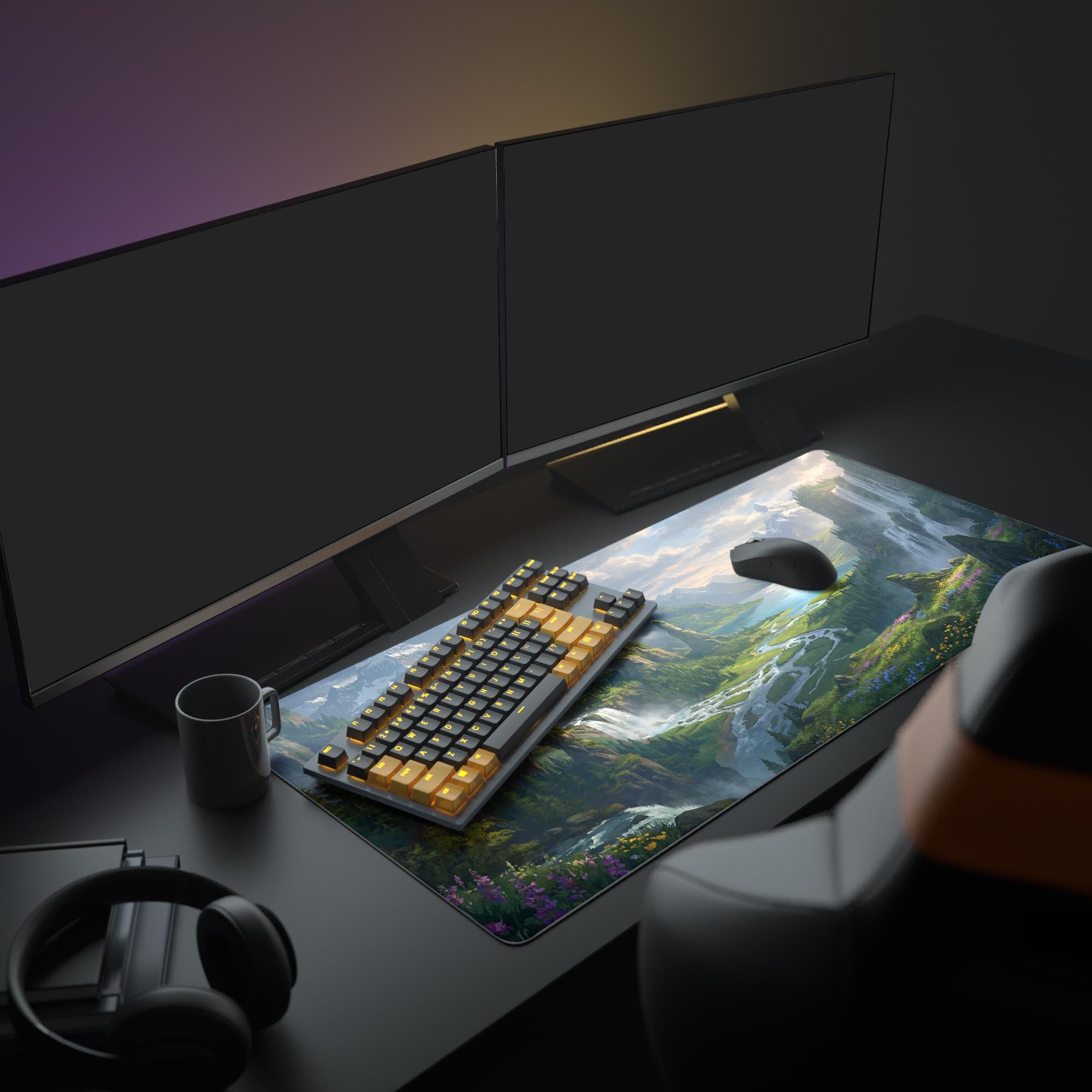 A full PC setup showcasing the Majestic Valley mouse pad, with its fantasy mountain and waterfall art enhancing the aesthetic of a gaming monitor and keyboard. - Epic Design Pads & Mousepads
