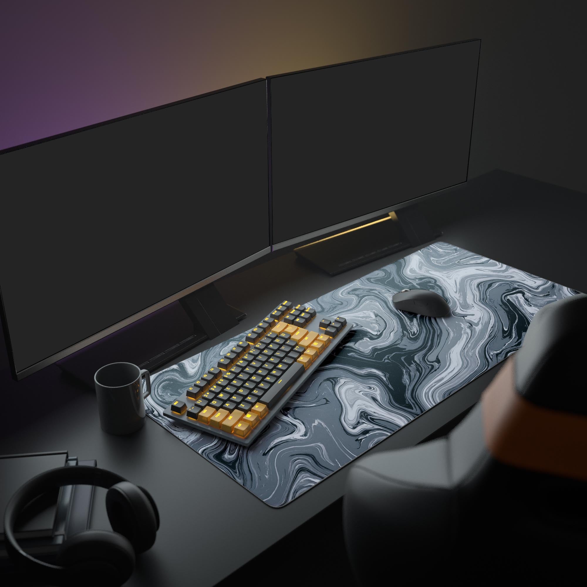 Top-down view of the liquid marble gaming mouse pad with Epic Design Pads branding