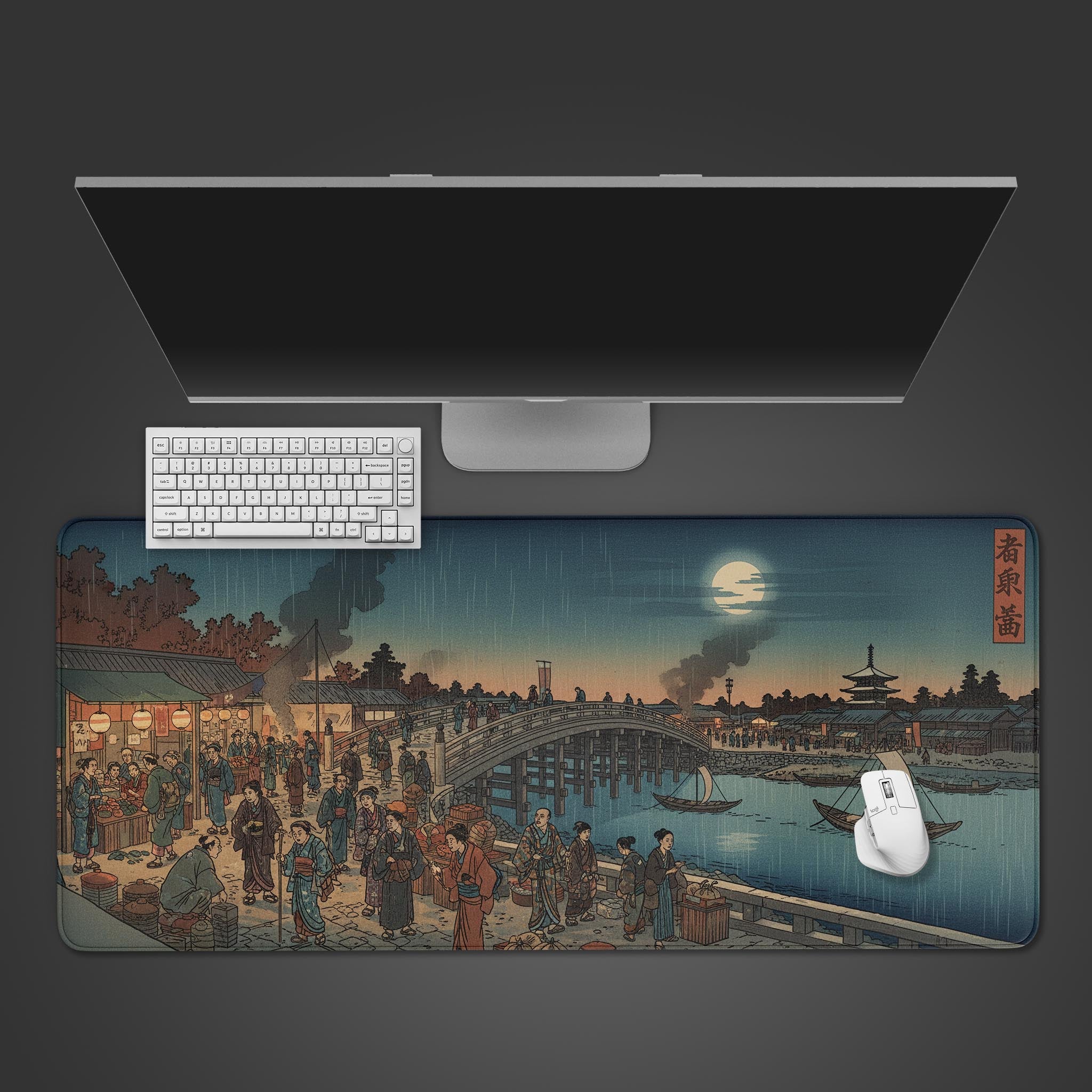 Japanese desk mat with "Market Bridge" Ukiyo-e art – top-down view on a desk with a keyboard and mouse. - Epic Design Pads