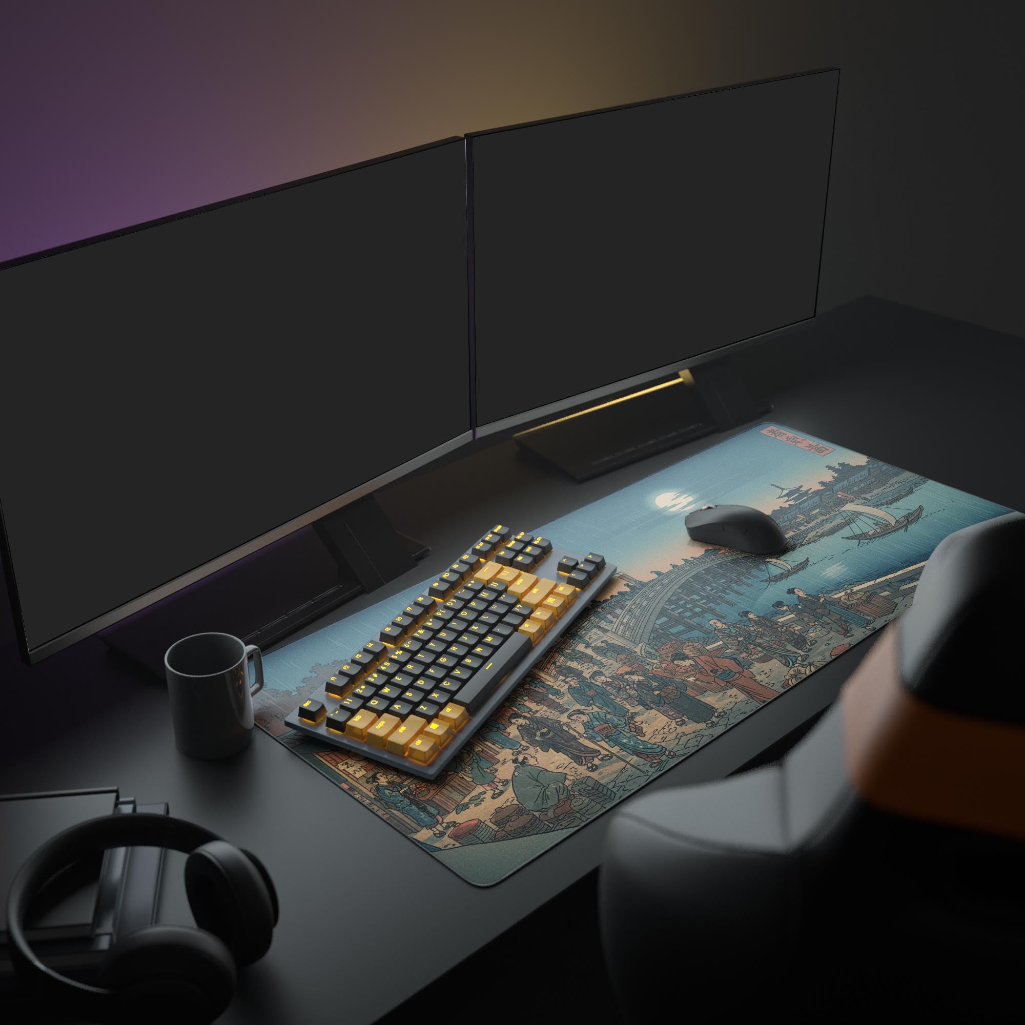 Large Ukiyo-e Japanese desk mat featuring "Market Bridge" art – shown in an aesthetic desk setup with a monitor and accessories. - Epic Design Pads