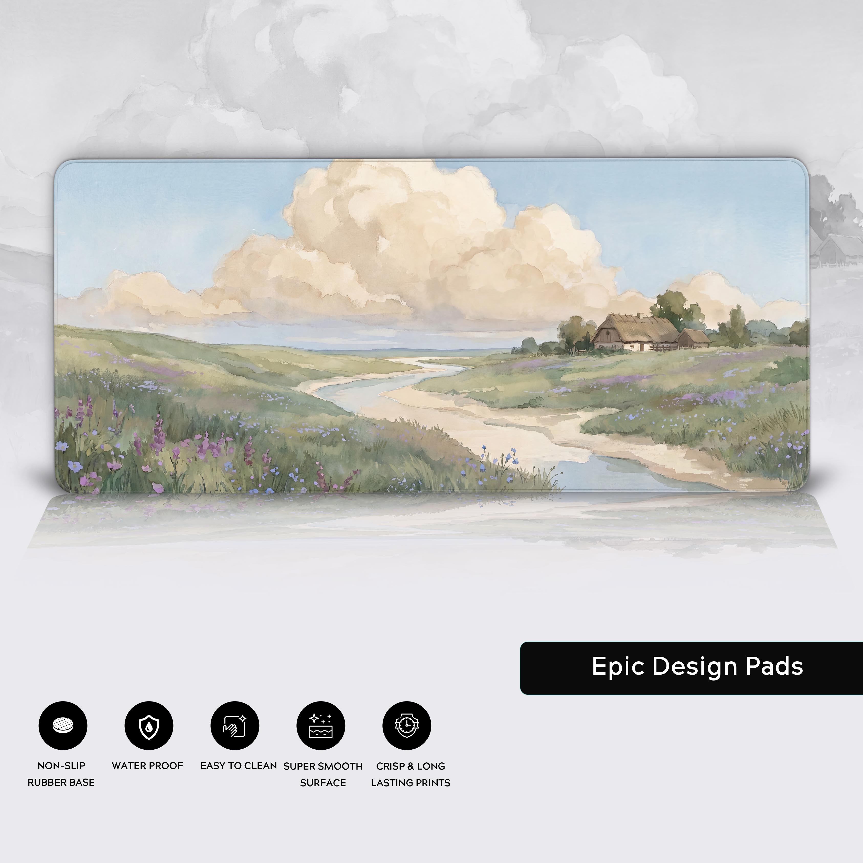 Epic Design Pads desk mat with icons highlighting waterproof, non-slip, and easy to clean features