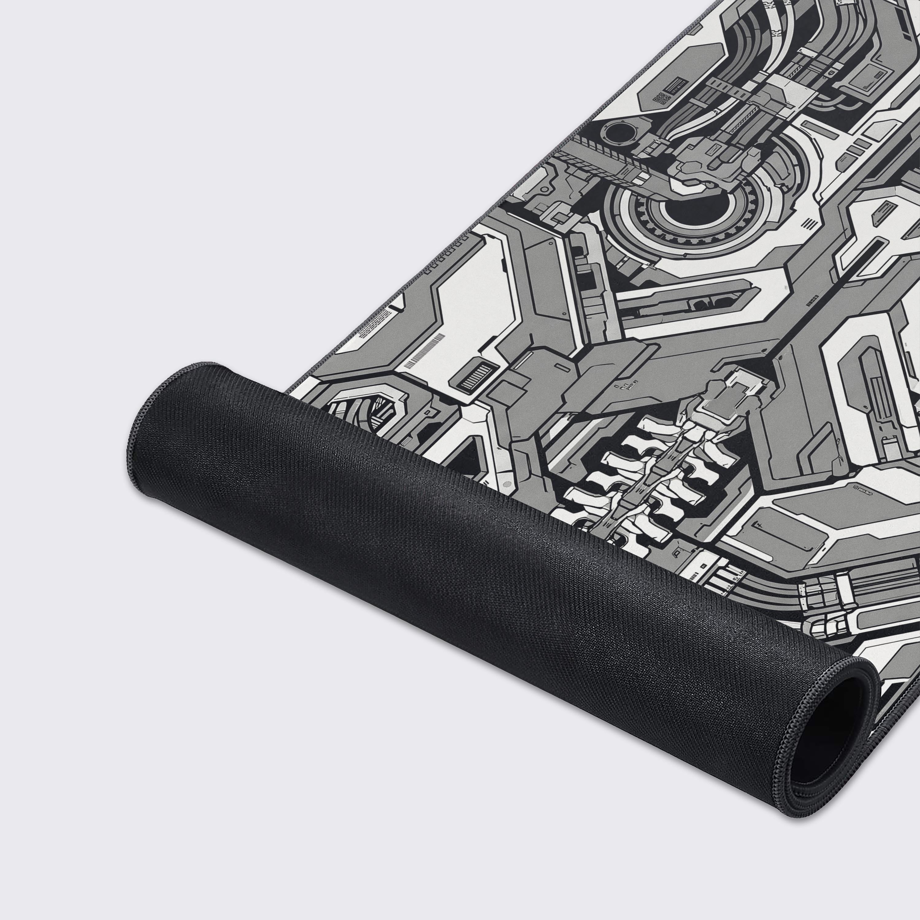Mockup of the Mechanical Core mouse pad lying flat on a surface with a reflection, highlighting its crisp prints and smooth texture.