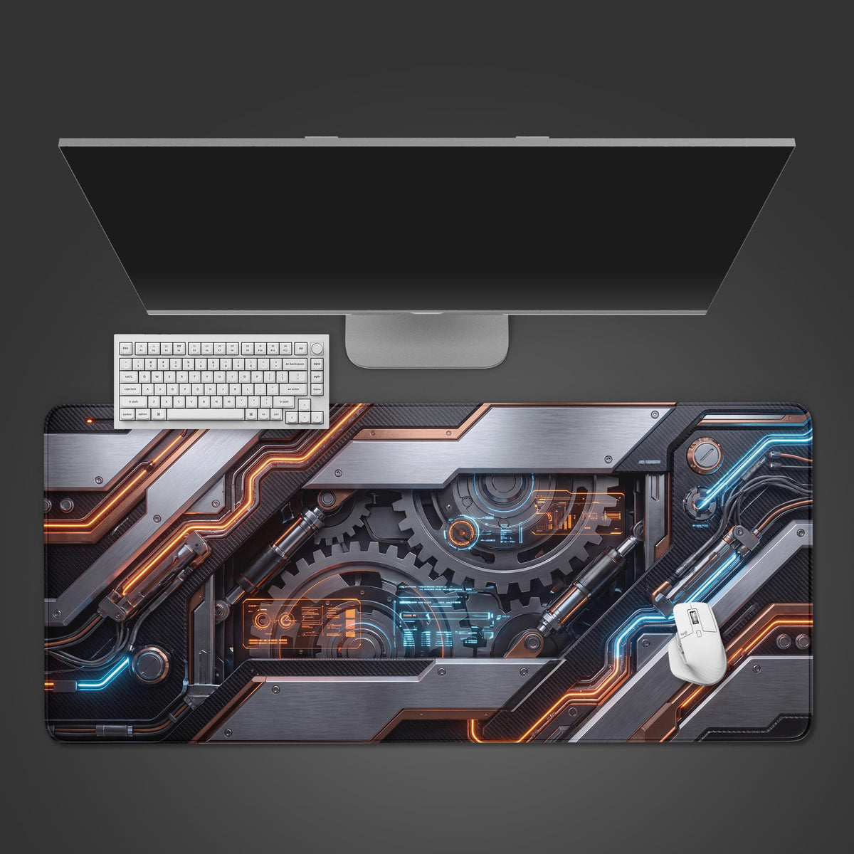 Desk mat featuring intricate mechanical gears and metallic panels with neon sci-fi accents.
