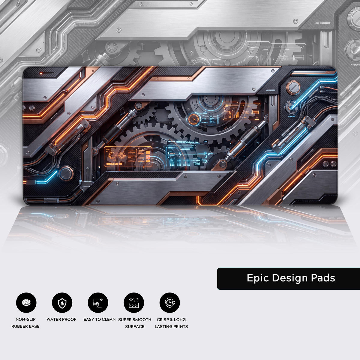 Full view of the cybernetic engine desk pad showing carbon fiber textures and mechanical components.