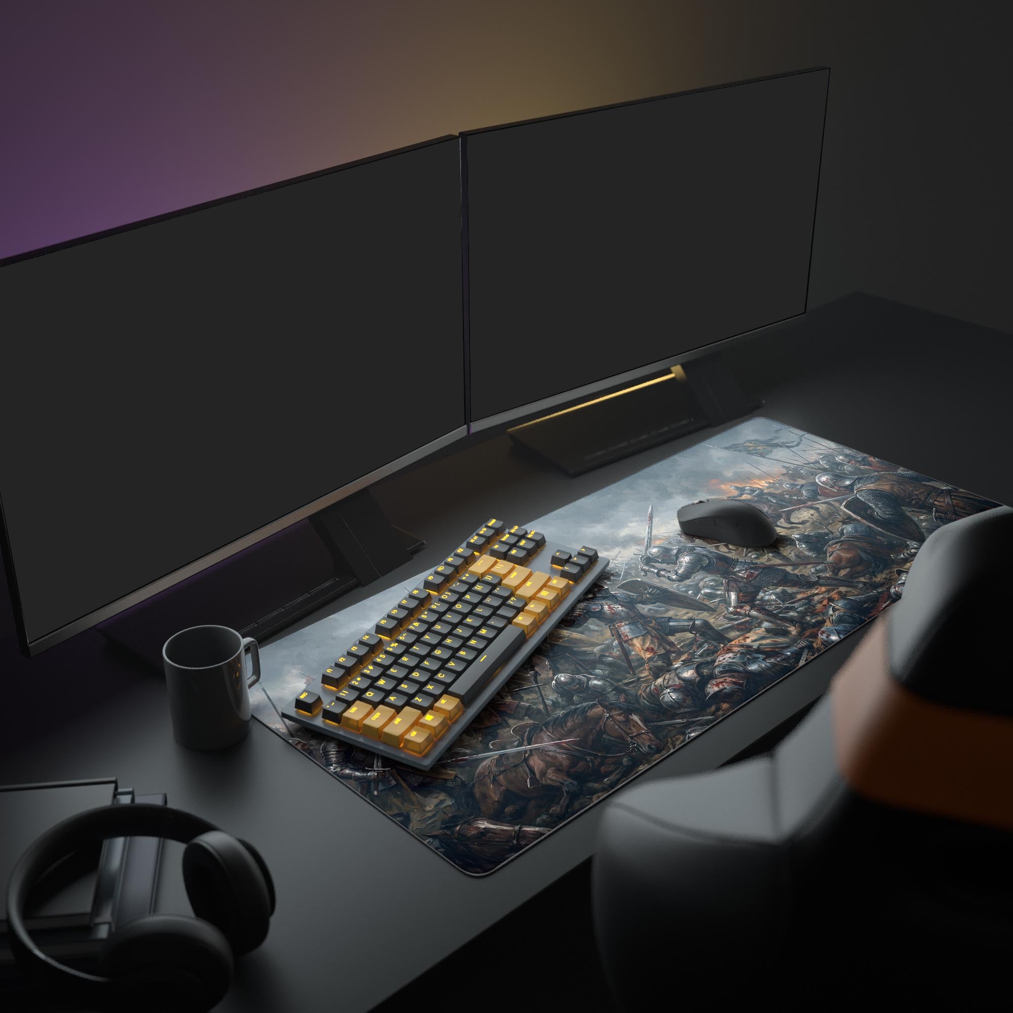 Close-up of dark fantasy warrior desk mat with smooth glide surface