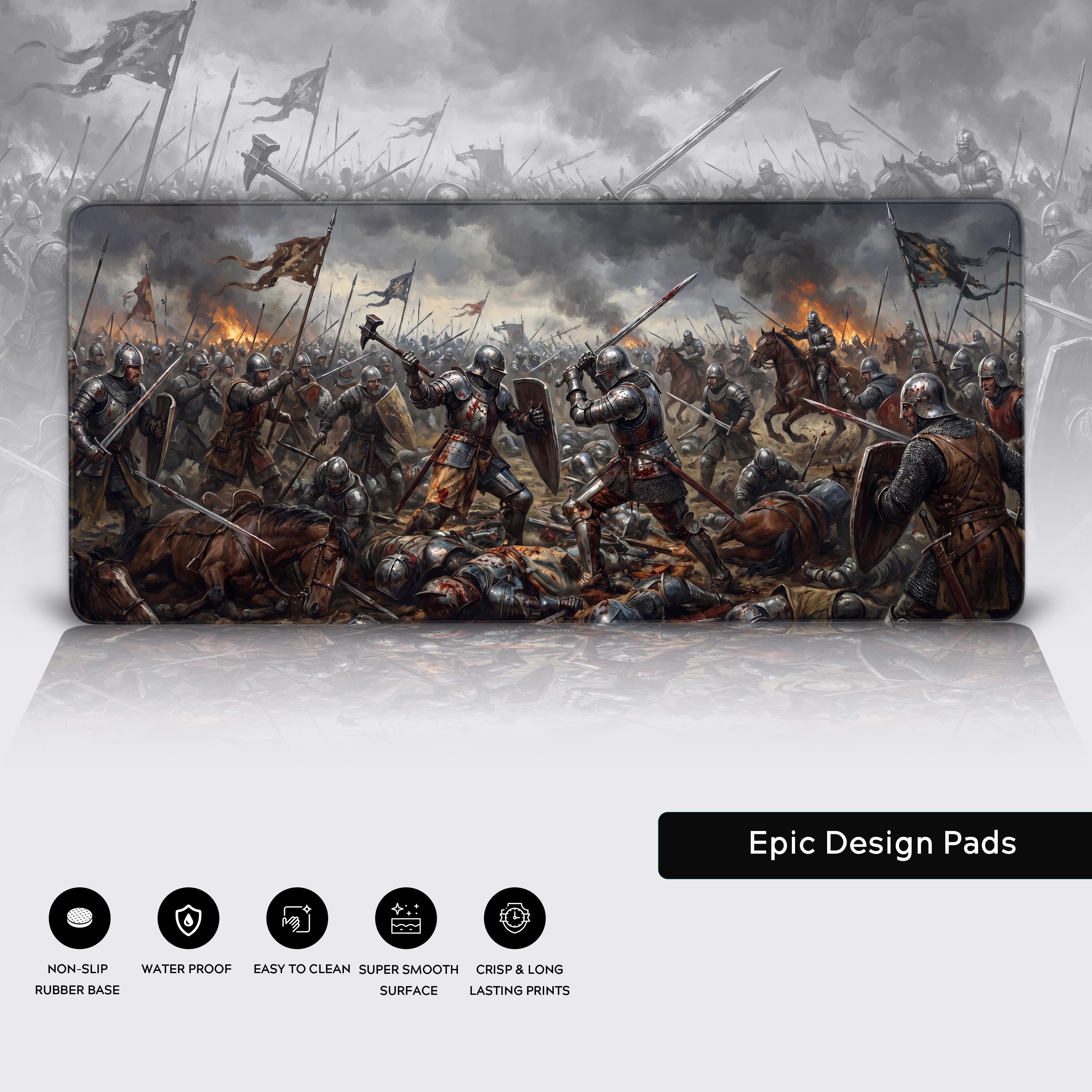 Premium gaming desk mat highlighting non-slip base and battle aesthetic