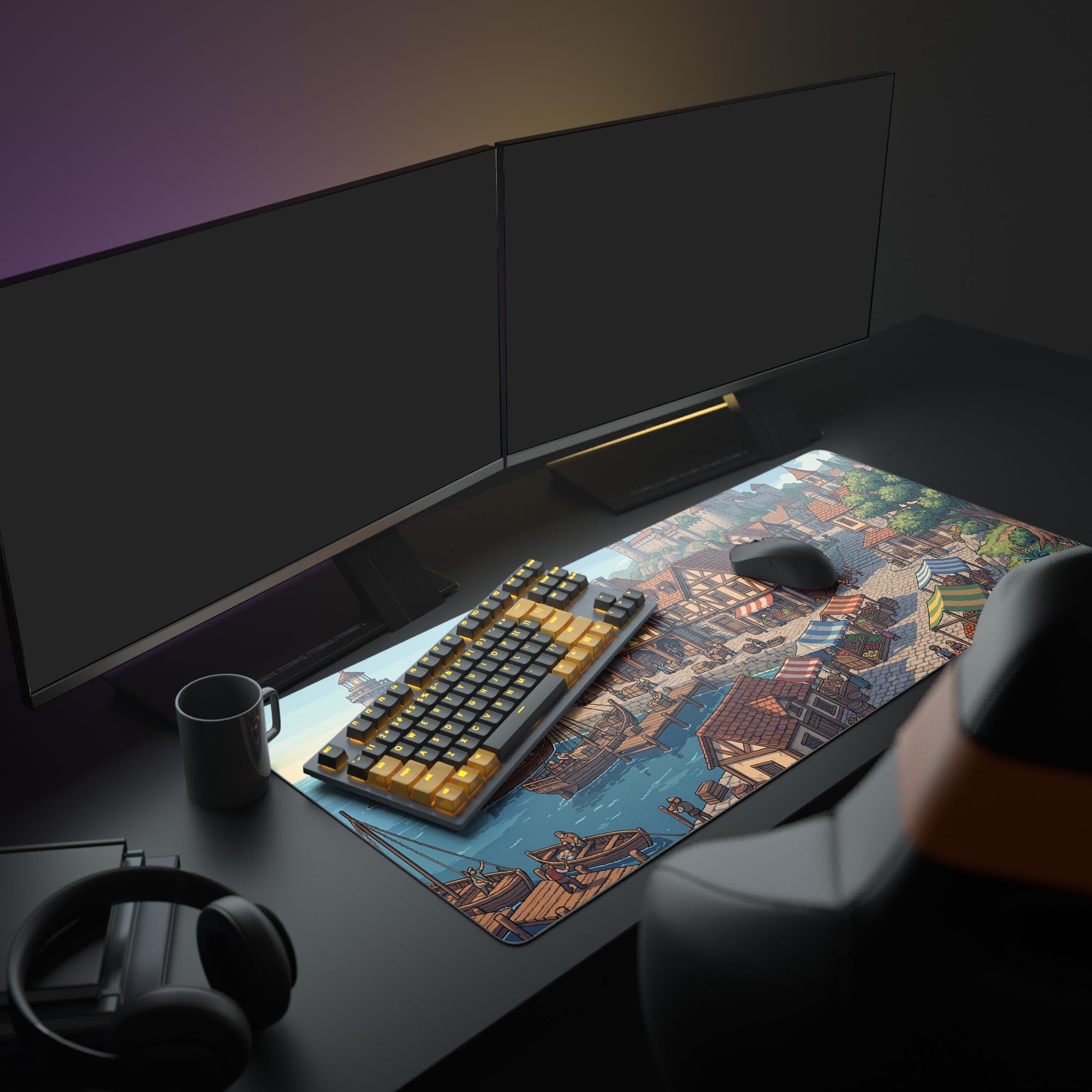 Close-up of cozy fantasy RPG town mouse pad surface showcasing the lighthouse and ocean waves