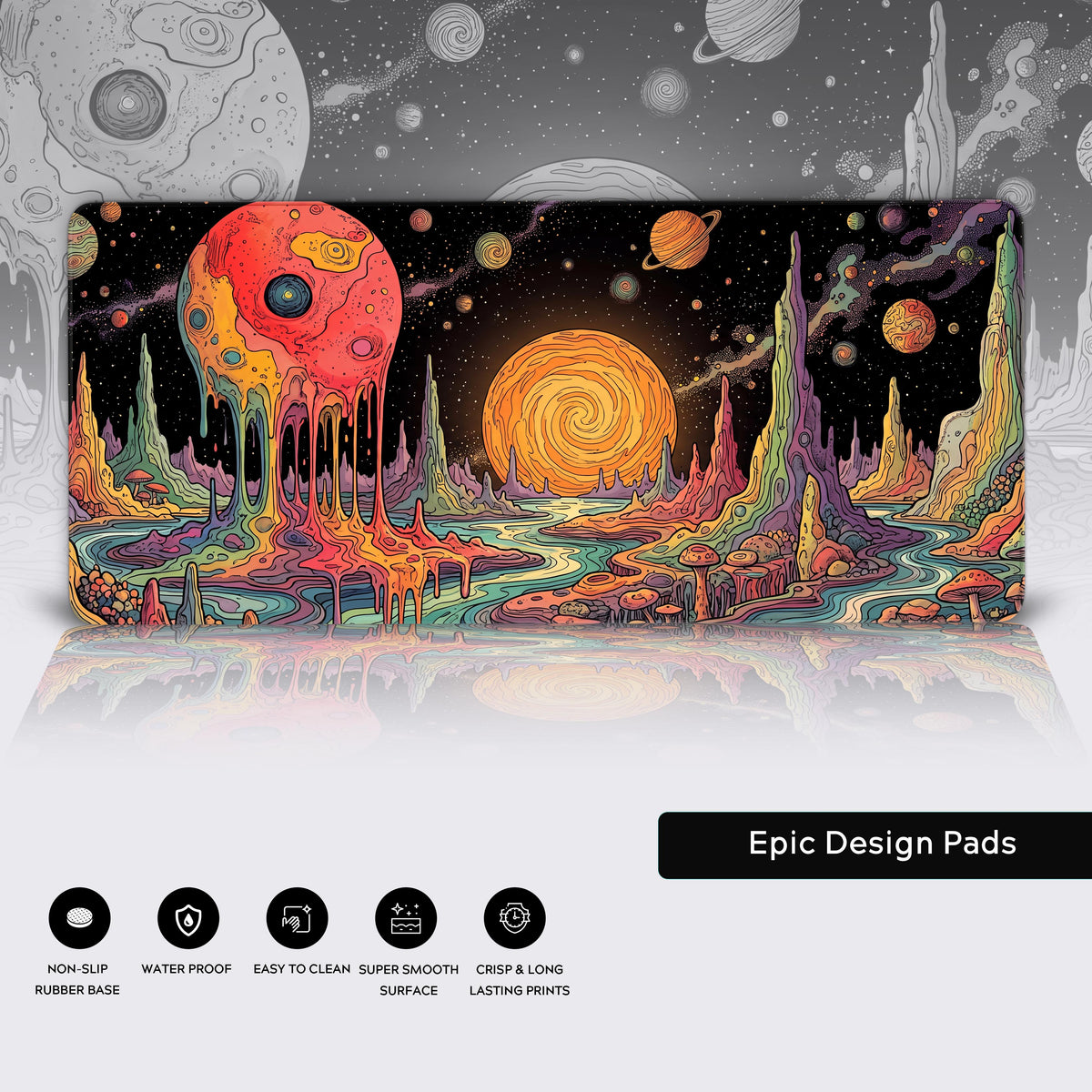 Product showcase displaying the psychedelic desk mat hovering above a reflective surface alongside graphic icons for product features