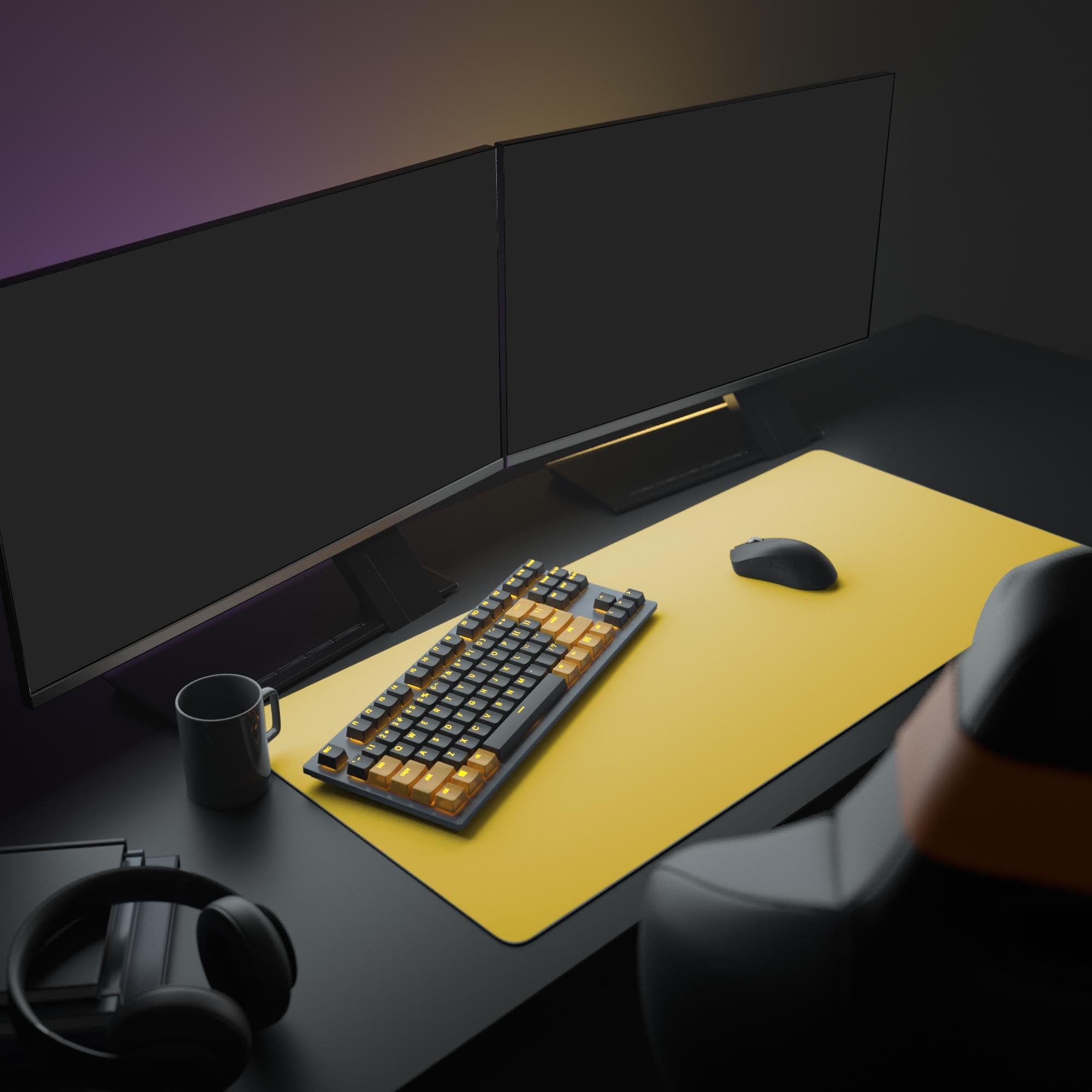 A modern, minimalist PC setup featuring the Metallic Gold gaming desk mat, adding a warm, luxurious color pop to the workspace with a keyboard and mouse. - Epic Design Pads & Mousepads