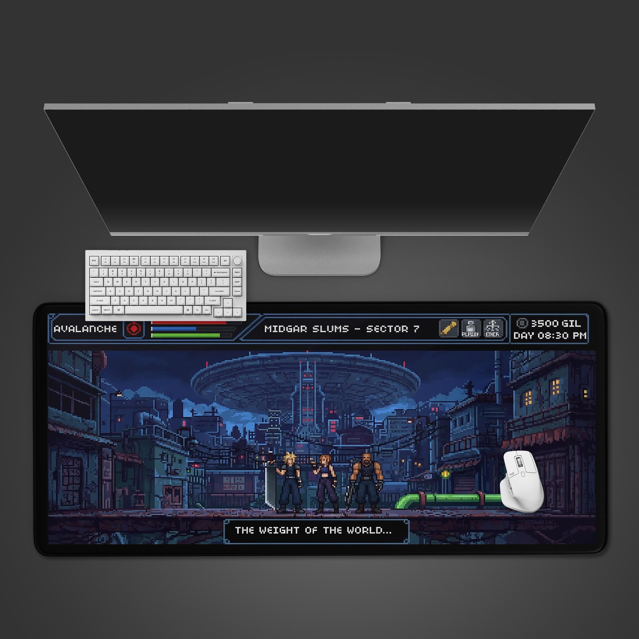 Final Fantasy 7 desk mat featuring Midgar slums pixel art. Top-down desktop view with a gaming keyboard and mouse. - Epic Design Pads