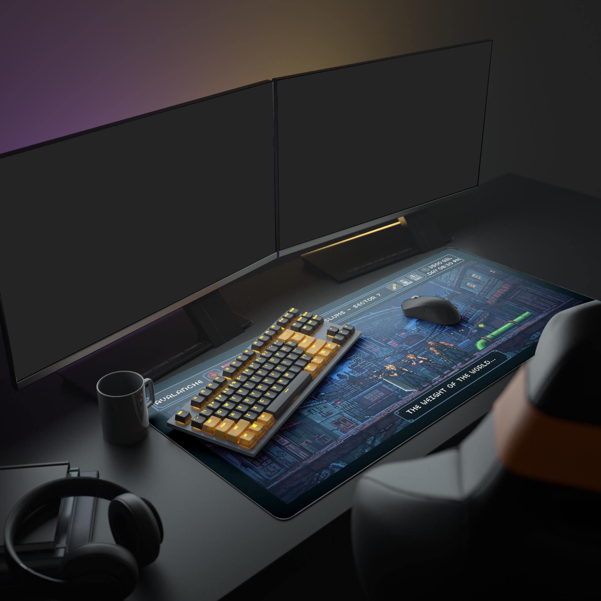 Large Midgar pixel art gaming desk mat shown in a full gaming setup with dual monitors, keyboard, and headphones. - Epic Design Pads