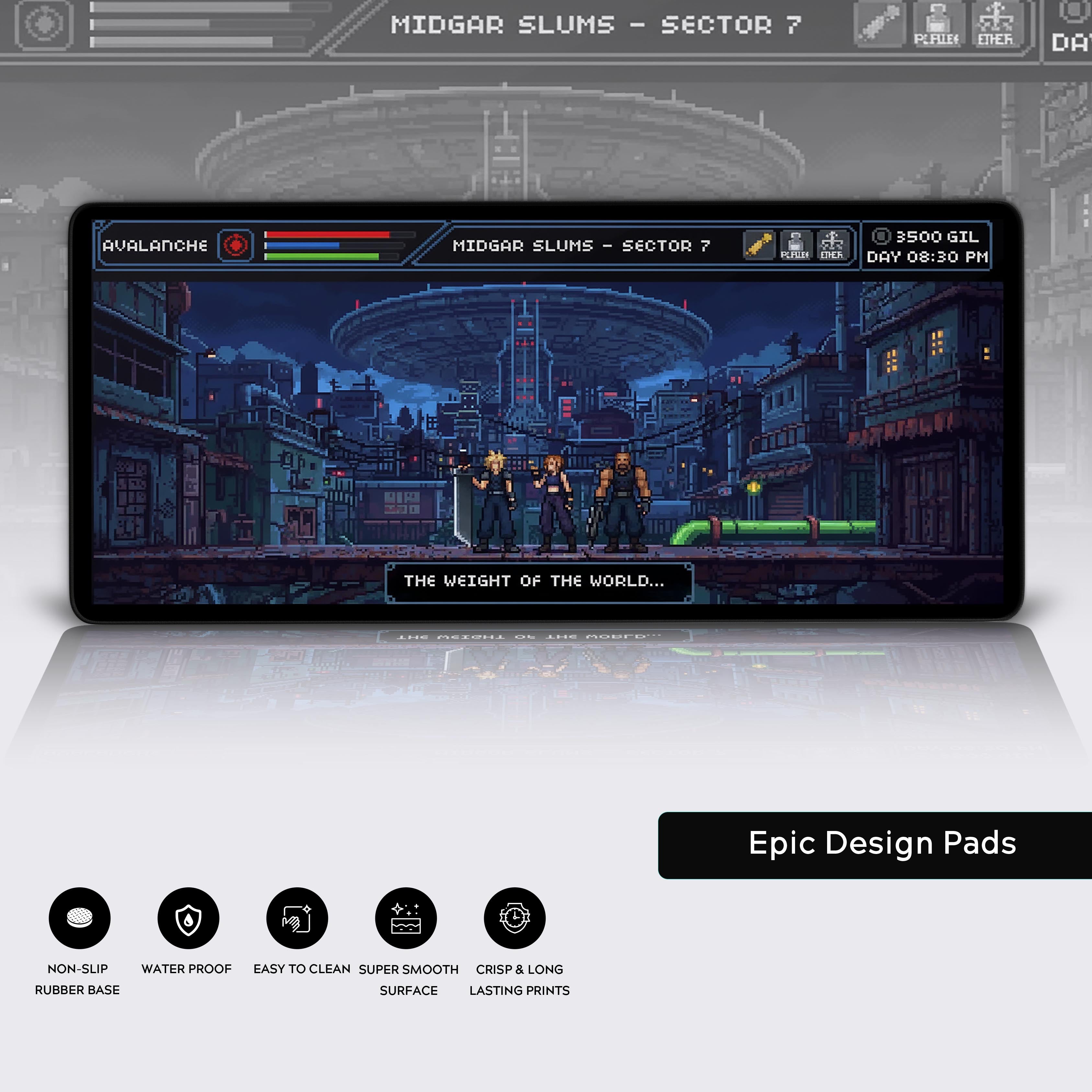 Final Fantasy 7 gaming mouse pad showcasing the detailed pixel art, stitched edges, and non-slip rubber base. - Epic Design Pads