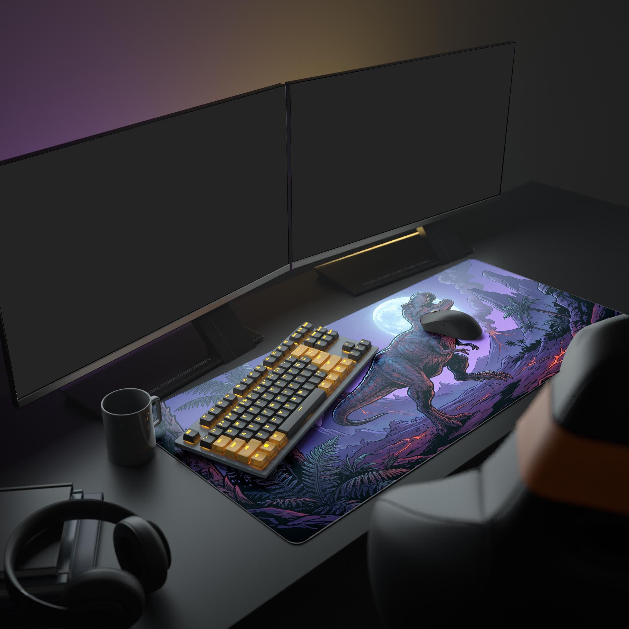 A full gaming setup featuring the Midnight Apex mouse pad, which displays a purple T-Rex design beneath illuminated monitors and a glowing keyboard. - Epic Design Pads & Mousepads