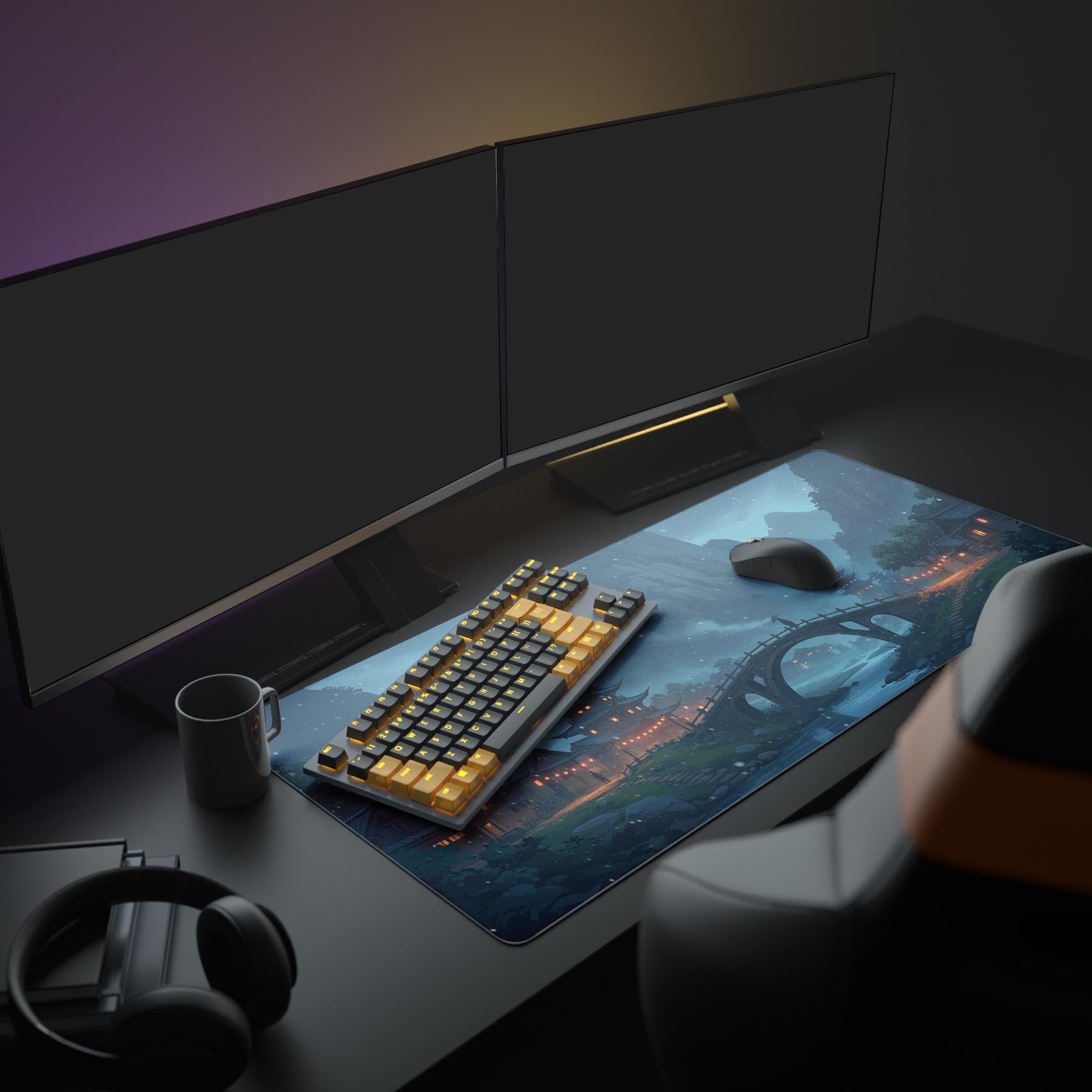 Large Midnight Bridge desk mat with tranquil landscape design – shown in a mindful workspace setup. - Epic Design Pads