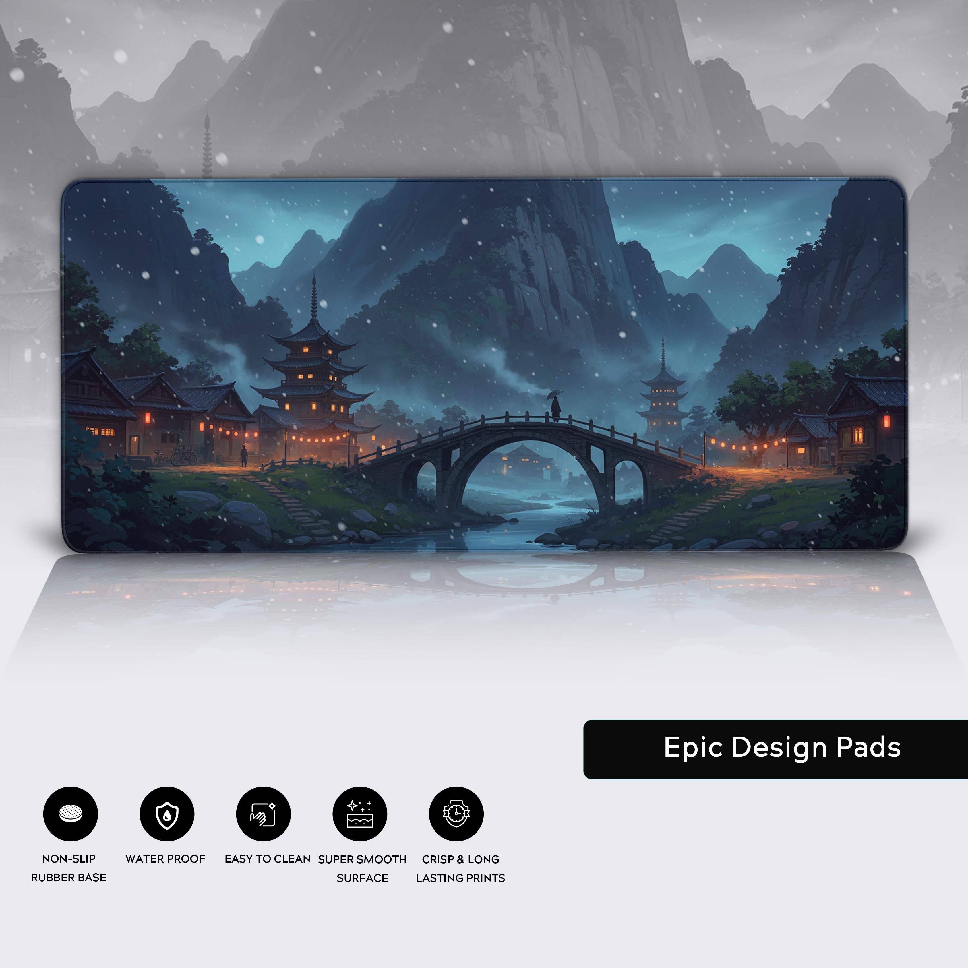 Midnight Bridge desk mat with soothing design – features include stitched edges and non-slip base. - Epic Design Pads