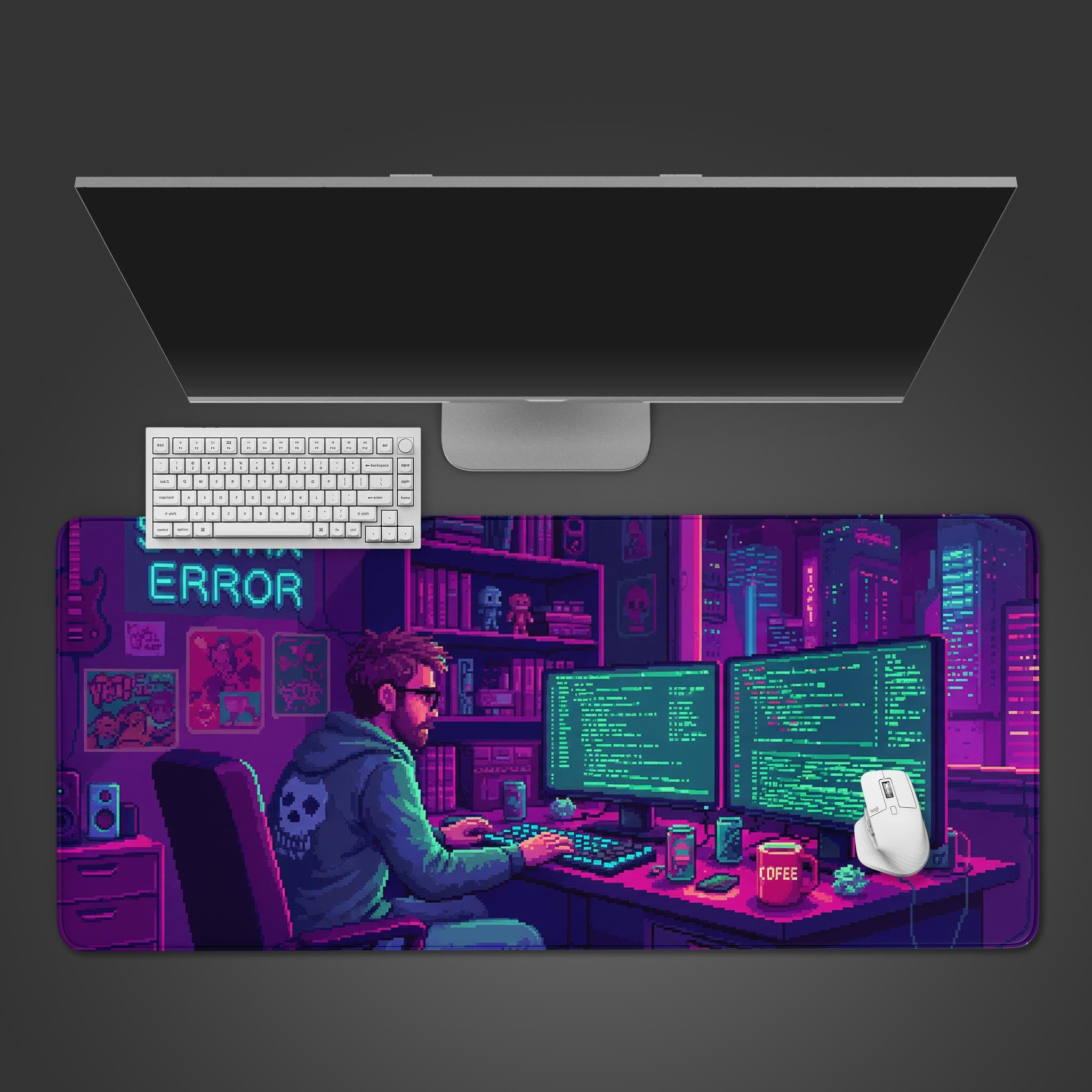 Midnight Debug coding desk mat with pixel art programmer design. Top-down desktop view with a keyboard and mouse, showing the cyberpunk aesthetic. - Epic Design Pads