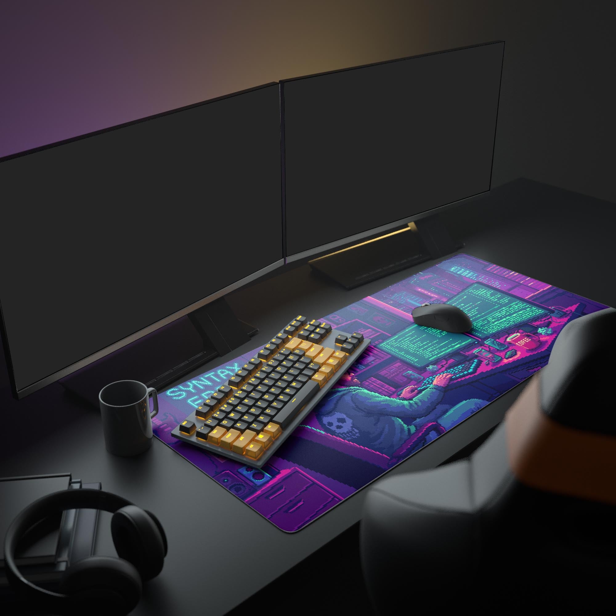 Large pixel art mouse pad in a full programmer desk setup with glowing dual monitors, a keyboard, and headphones, showcasing the complete Midnight Debug design. - Epic Design Pads