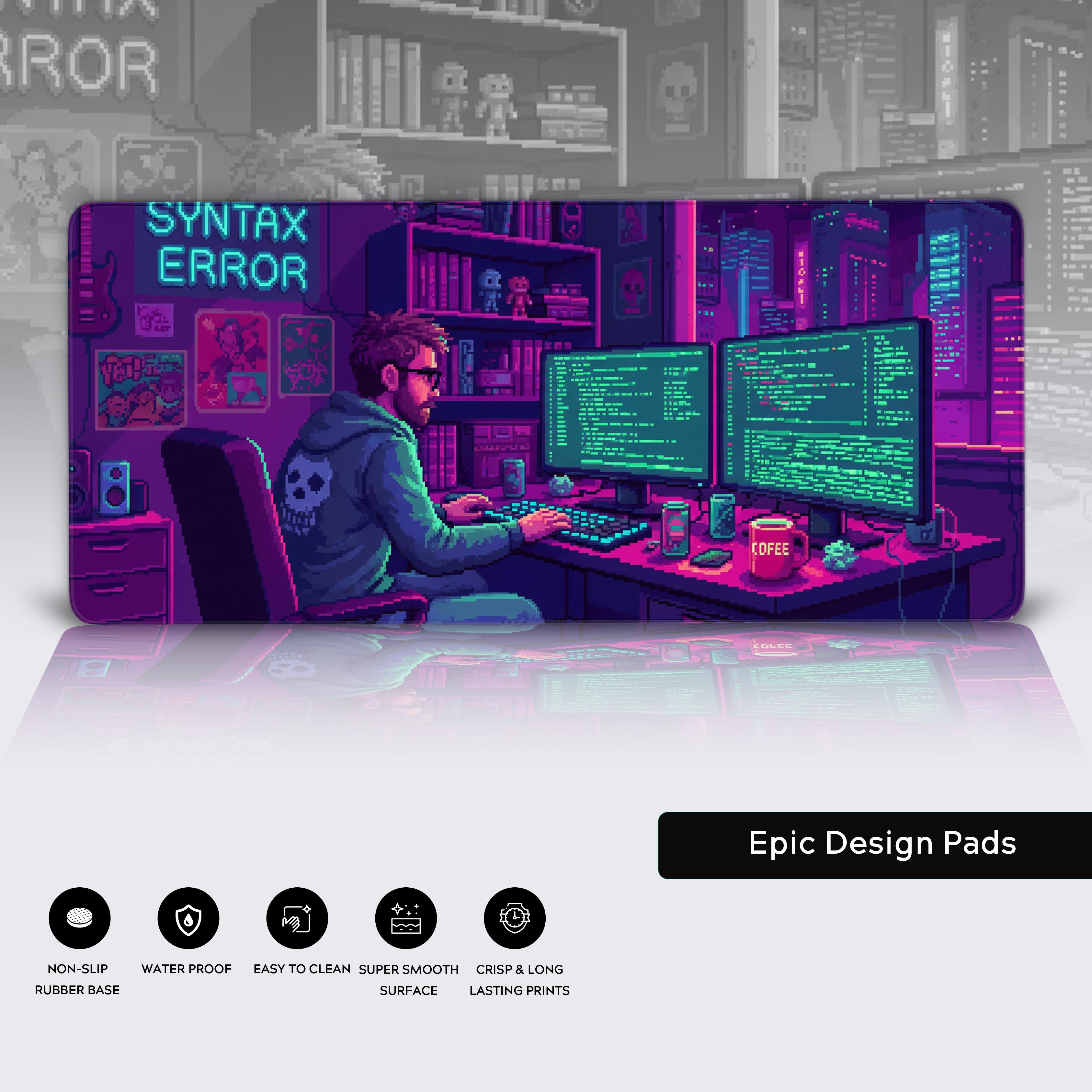 Close-up of the Midnight Debug coding desk mat showing the quality stitched edges, water-resistant surface, and non-slip rubber base for stability. - Epic Design Pads