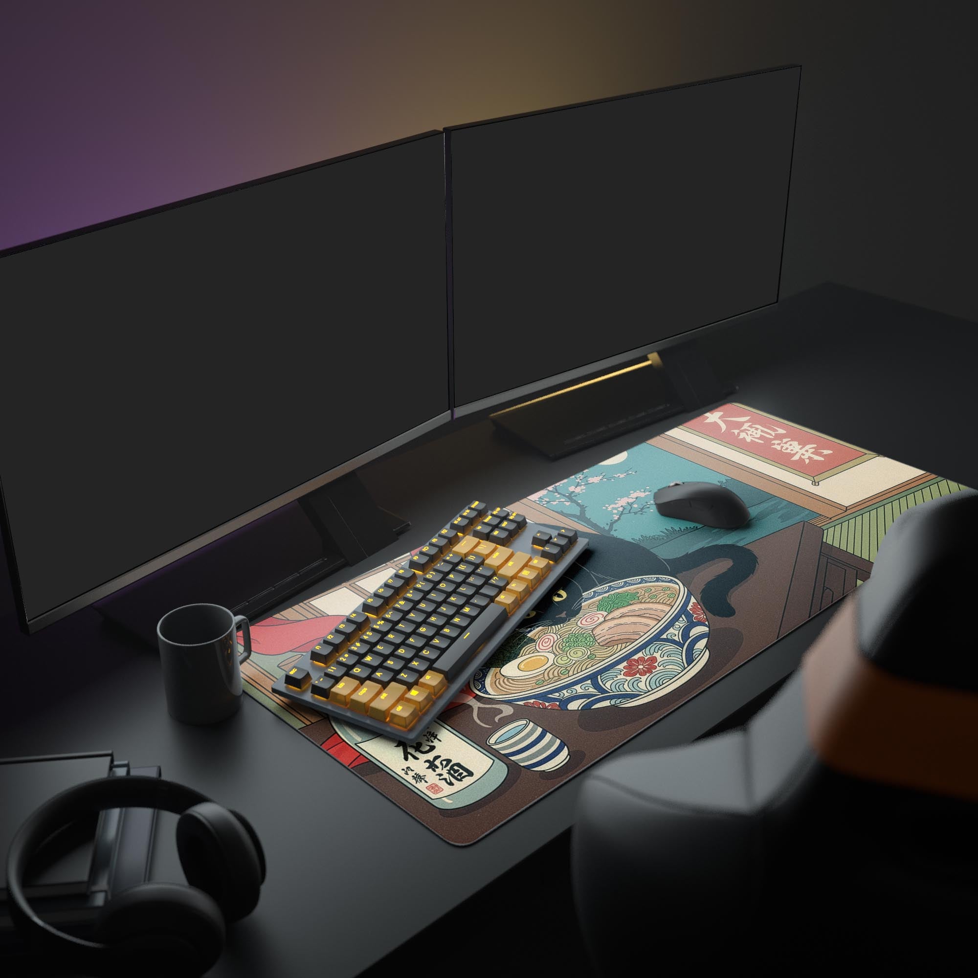 Large Japanese art desk mat featuring the 'Midnight Feast' cat scene. Shown in an aesthetic gaming setup with a mechanical keyboard, dual monitors, and headphones. - Epic Design Pads & Mousepads