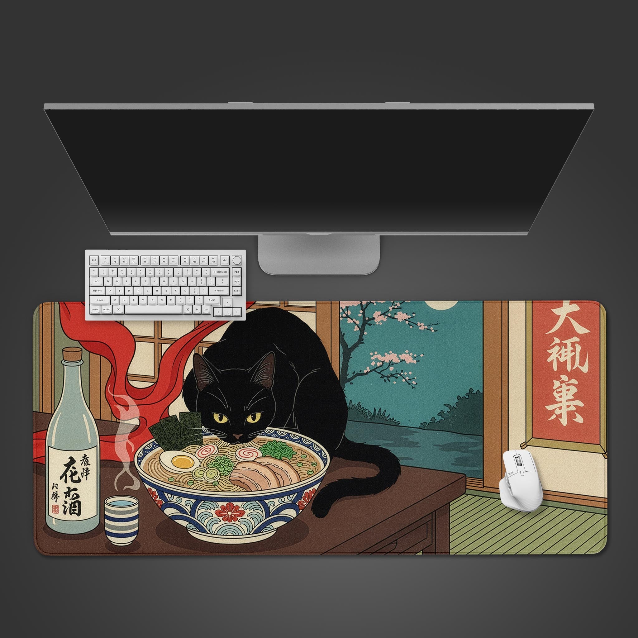 Ukiyo-e desk mat with 'Midnight Feast' cat and ramen design. Top-down desktop view with a black keyboard and gaming mouse, showing the full Japanese artwork. - Epic Design Pads & Mousepads