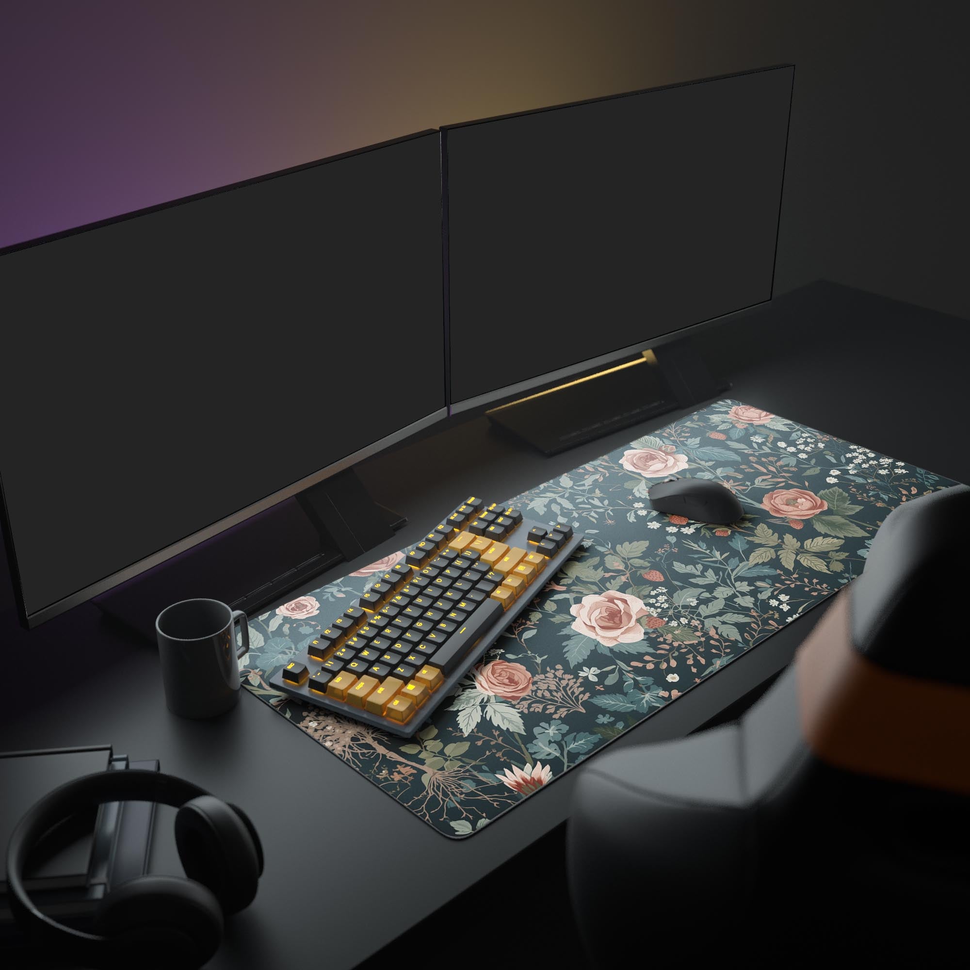 Large botanical mouse pad in a dark academia themed desk setup with dual monitors, headphones, and a mechanical keyboard. - Epic Design Pads