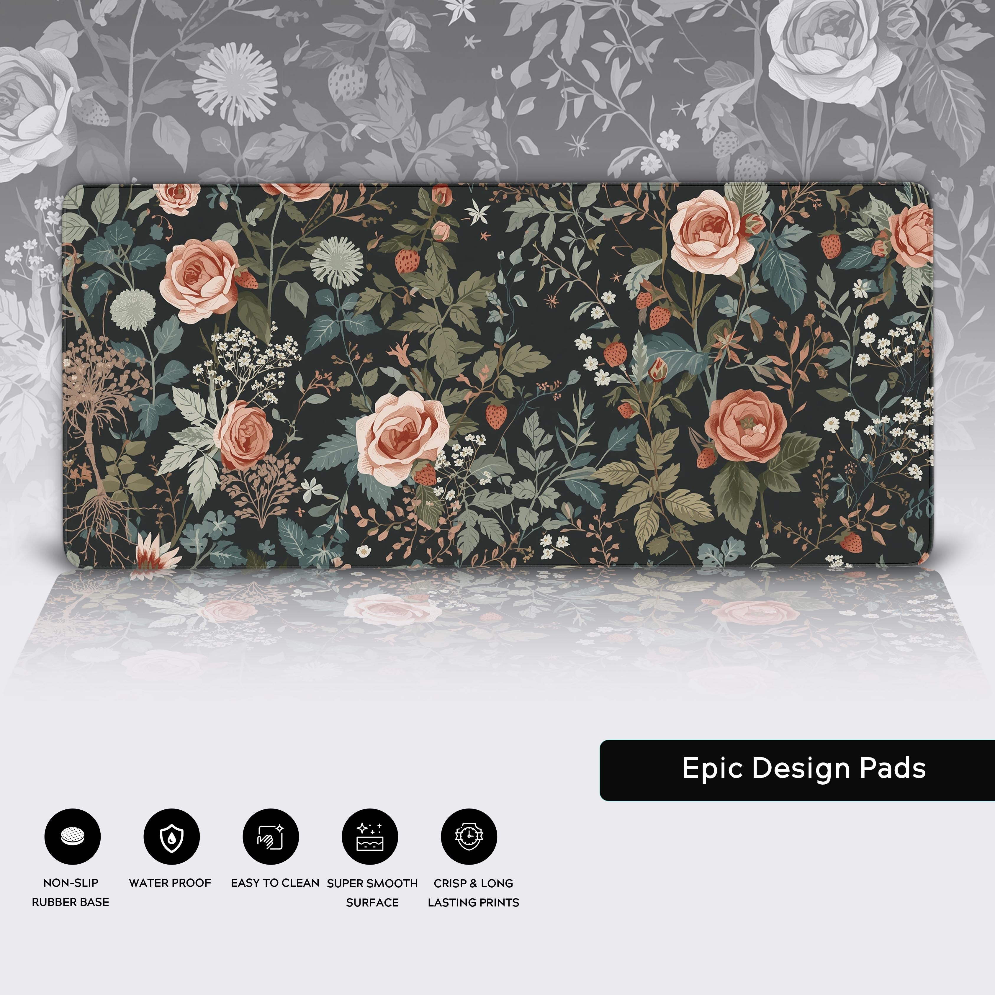 Close-up of the Midnight Garden floral desk mat showcasing the high-quality stitched edges, smooth surface, and non-slip rubber base. - Epic Design Pads
