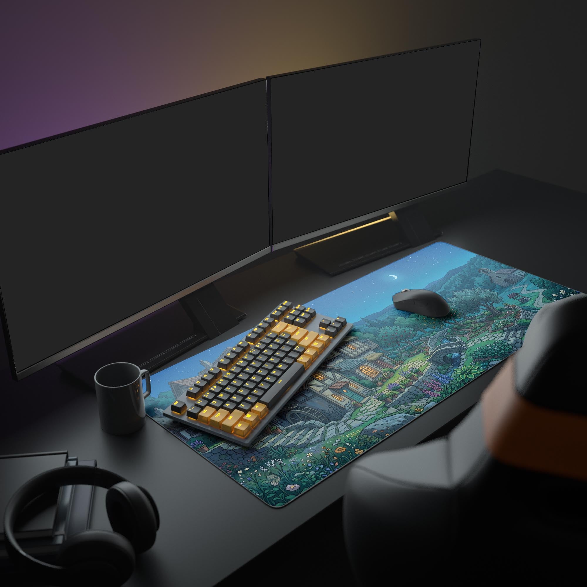 A cozy gaming setup featuring the Midnight Hamlet mouse pad, its fantasy village art creating a peaceful aesthetic with an illuminated keyboard and large monitor. - Epic Design Pads & Mousepads