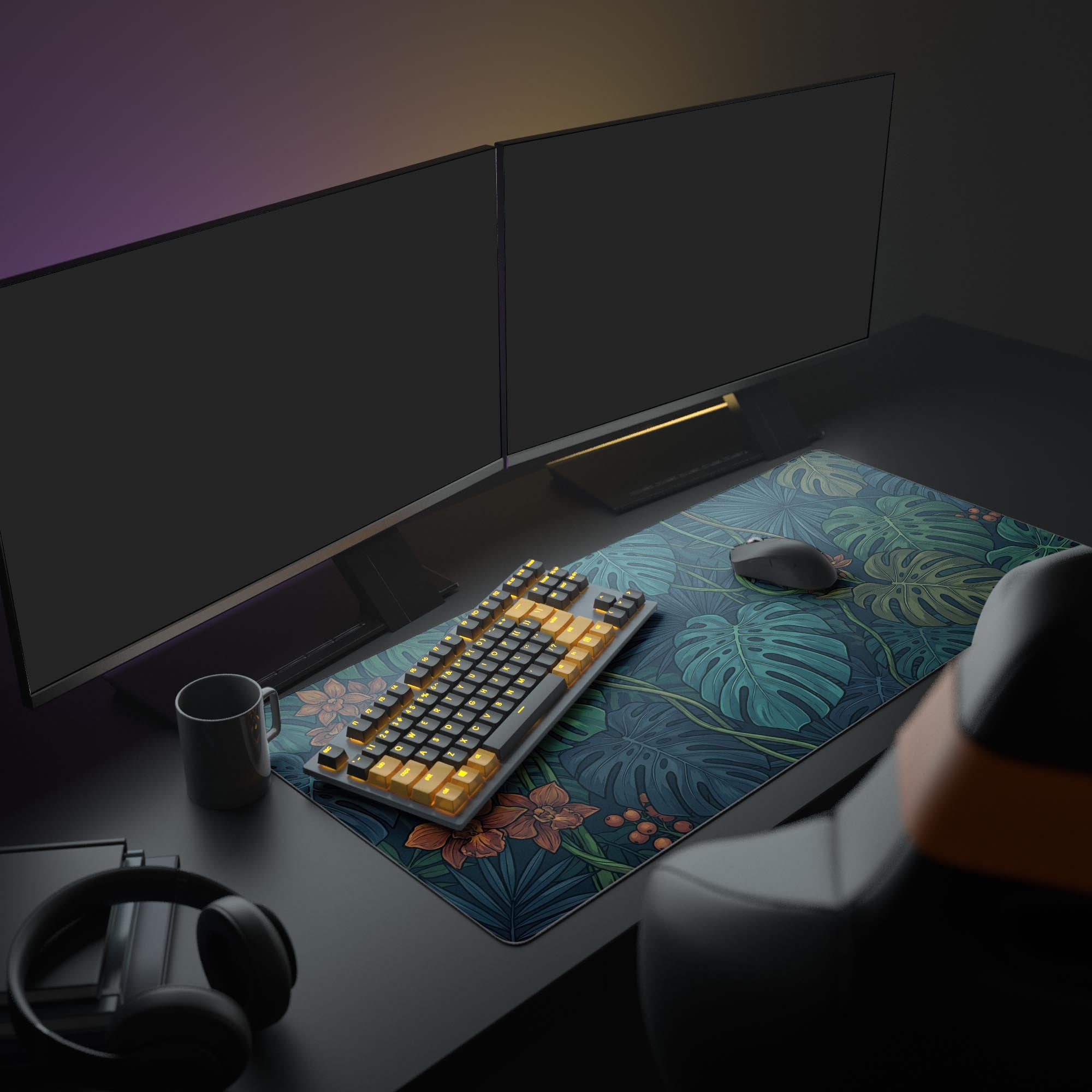 A full computer setup featuring the Midnight Jungle XL mouse pad, creating a moody, nature-themed workspace with a monitor and gaming peripherals. - Epic Design Pads & Mousepads