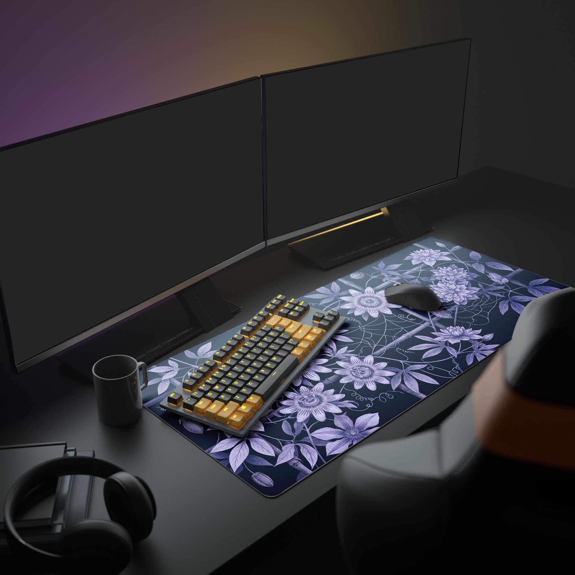 Detailed view of the passionflower illustration on the dark floral gaming mouse pad.