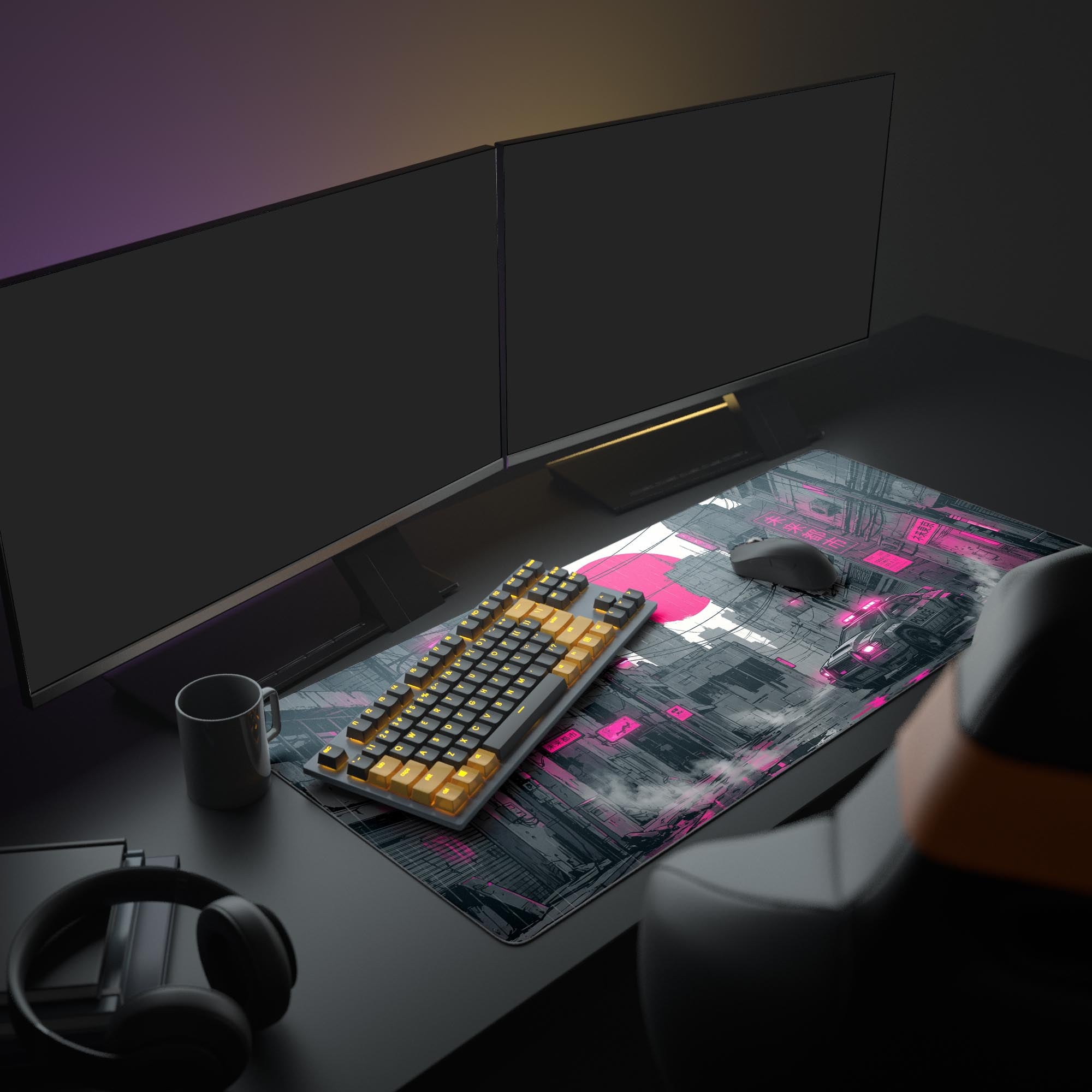 A full gaming setup featuring the Midnight Patrol cyberpunk gaming desk mat, with a monitor, illuminated keyboard, and a white mouse creating a futuristic aesthetic. - Epic Design Pads & Mousepads