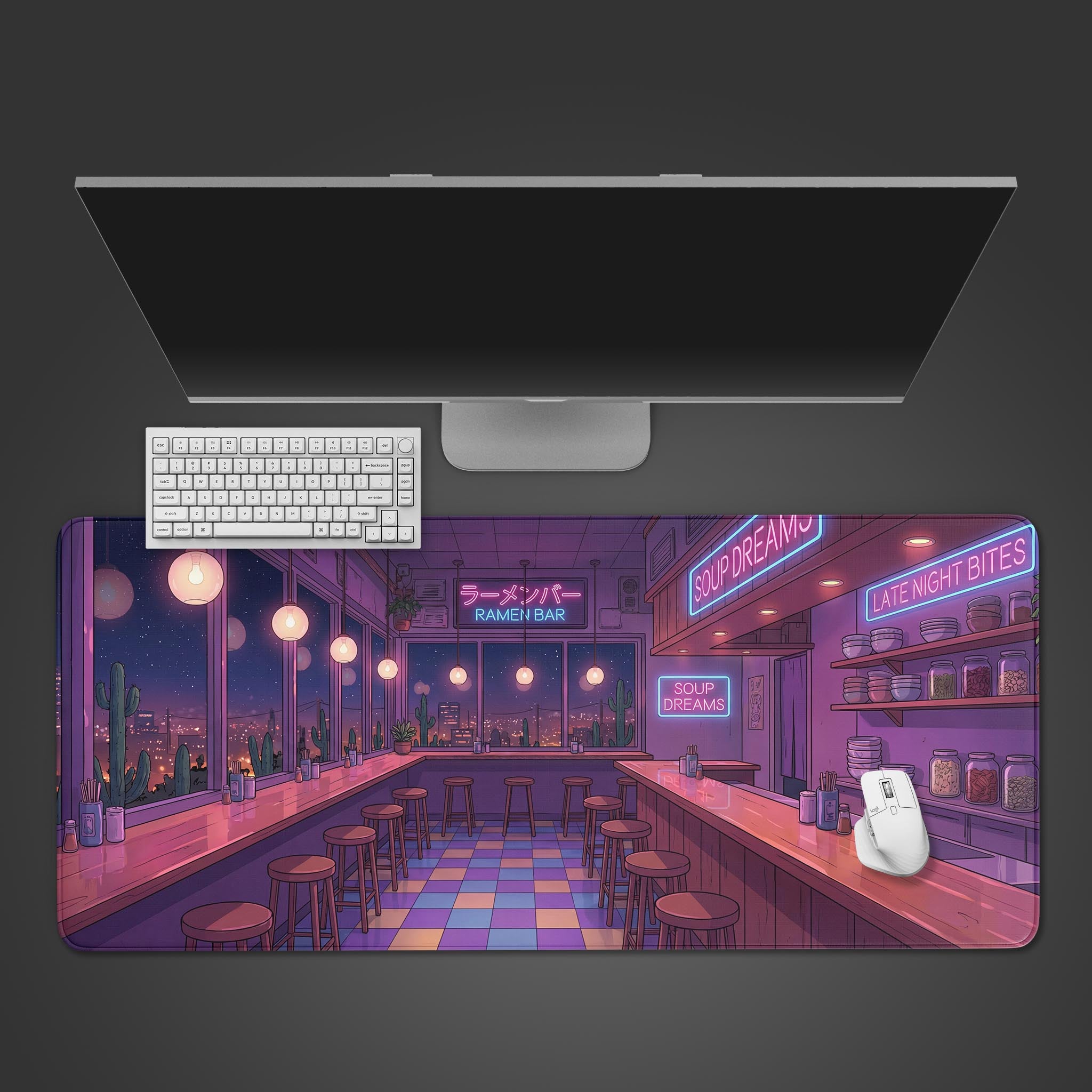 Midnight Ramen desk mat with a lo-fi Japanese diner scene. Top-down view on a desk with a keyboard and mouse, showing its large size and vibrant purple colors. - Epic Design Pads & Mousepads