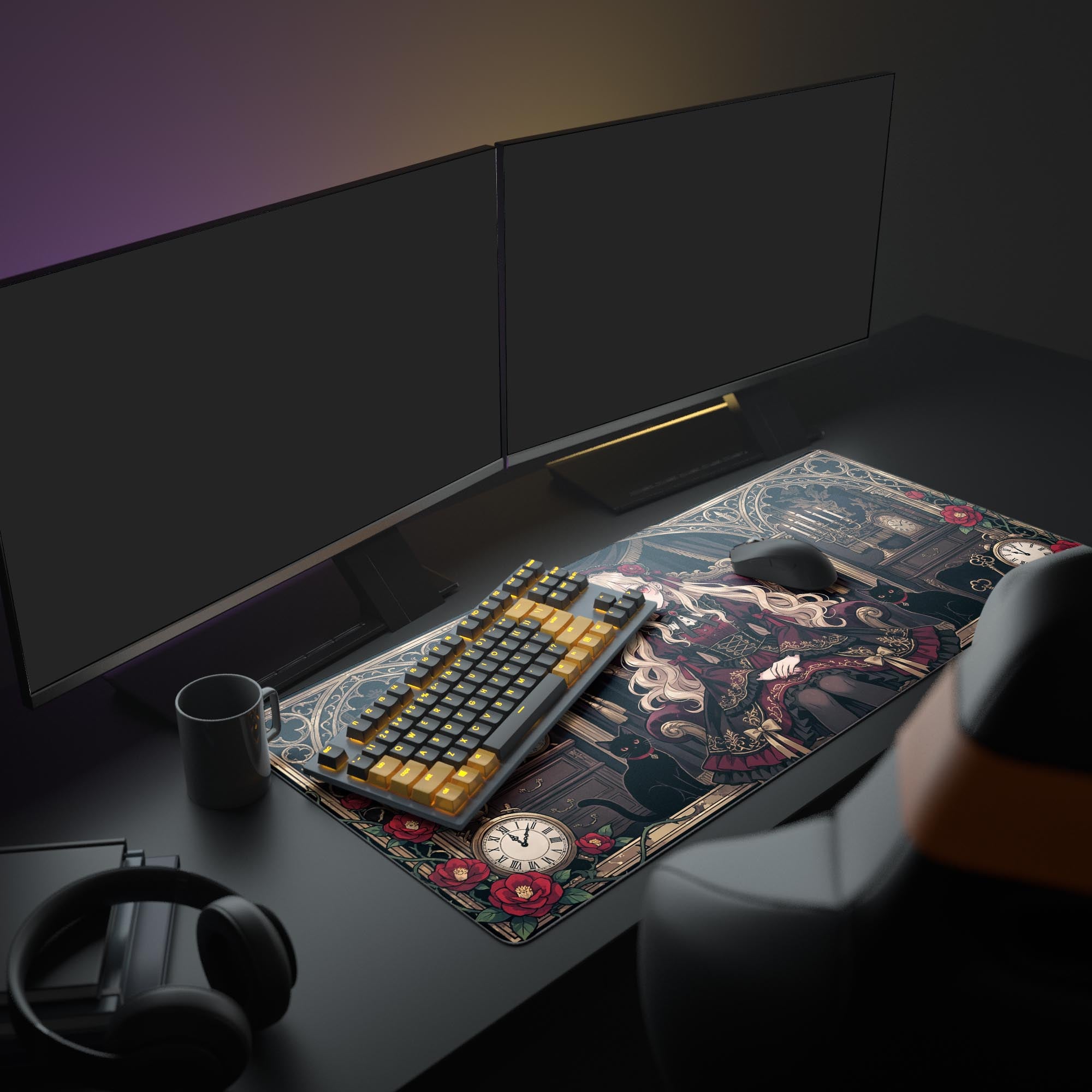 A full PC gaming setup featuring the Midnight Regency XL mouse pad, creating a dark academia aesthetic with multiple monitors. - Epic Design Pads & Mousepads