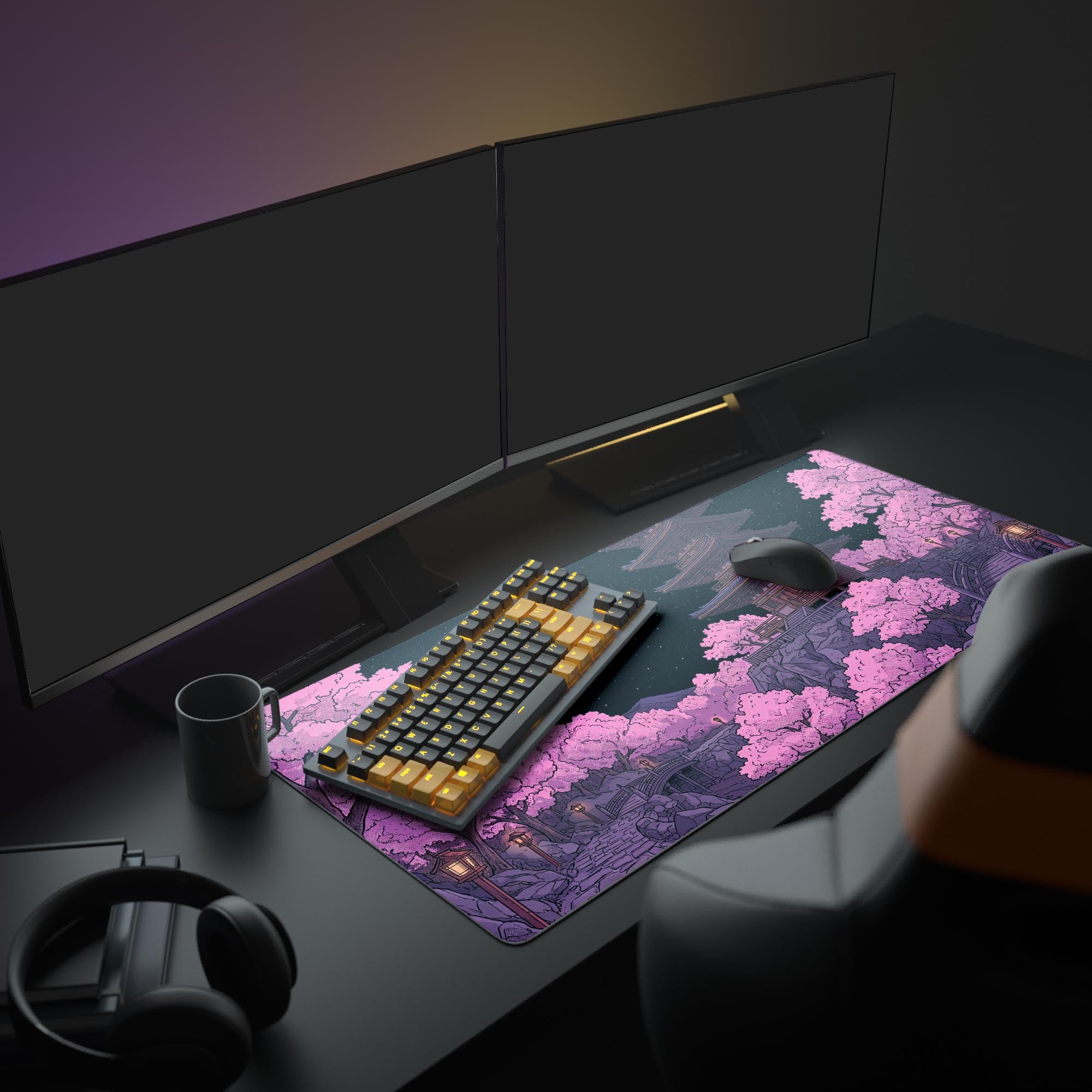 The Midnight Sakura gaming desk mat enhances a full PC setup, its violet moon and Japanese art design glowing beneath a monitor, keyboard, and mouse. - Epic Design Pads & Mousepads