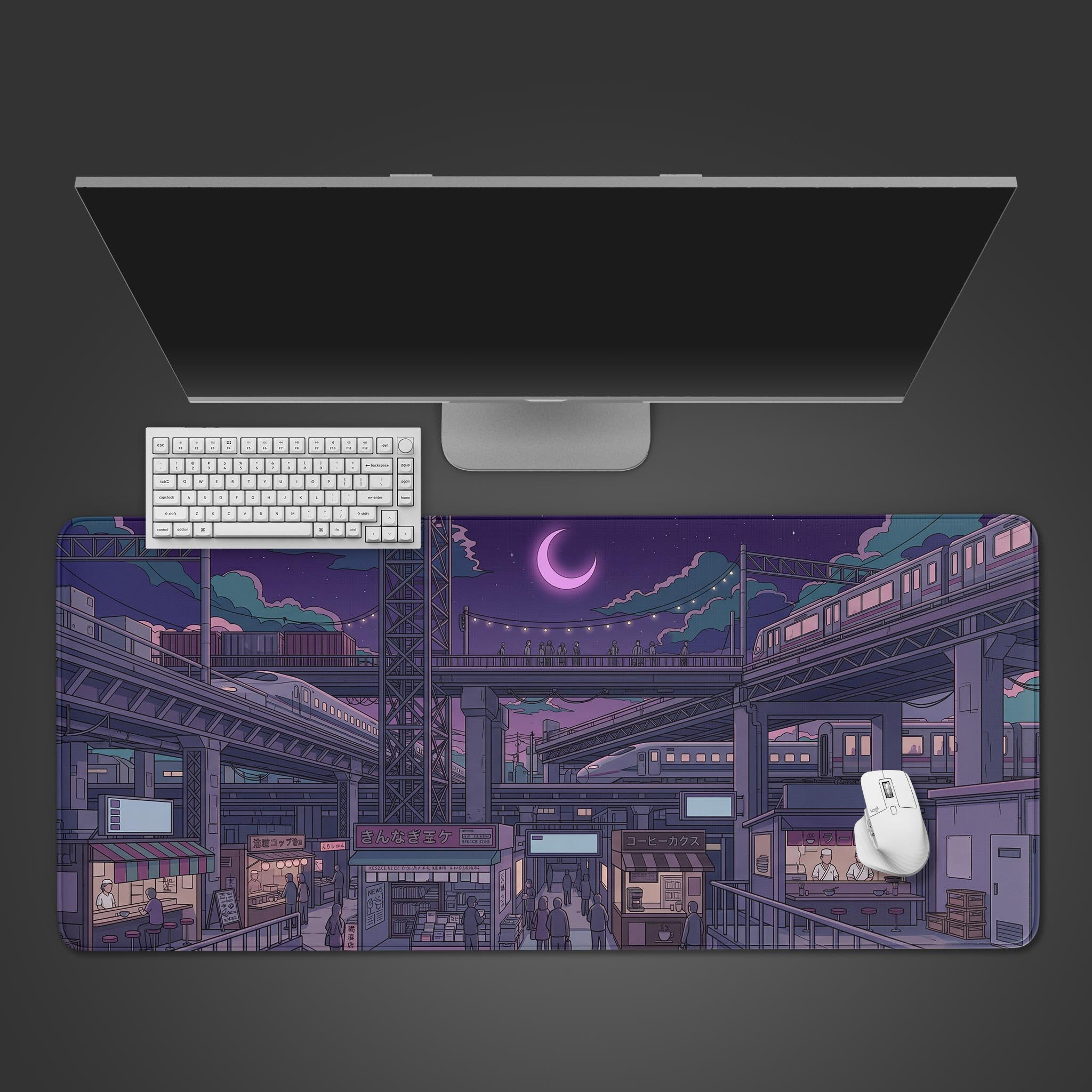 The Midnight Station gaming desk mat shown from a top-down view with a keyboard and mouse, featuring a purple anime-style Japanese train station design. - Epic Design Pads & Mousepads