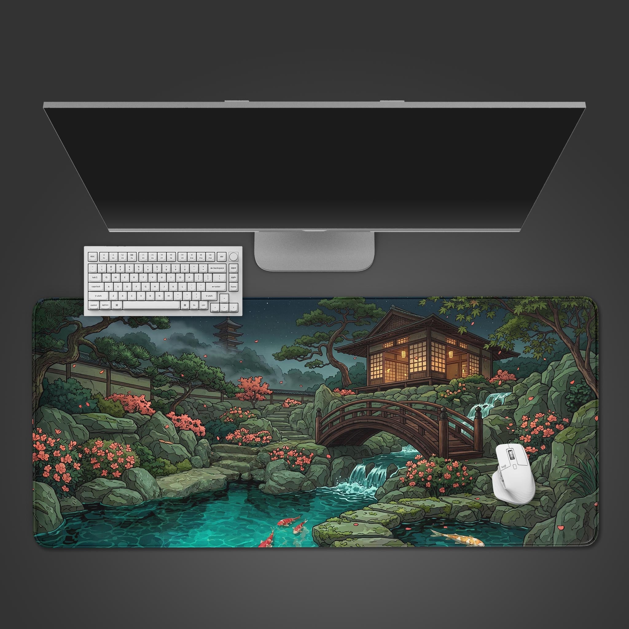 The Midnight Tea House gaming desk mat shown from above, featuring a serene Japanese garden scene with a white keyboard and mouse. - Epic Design Pads & Mousepads