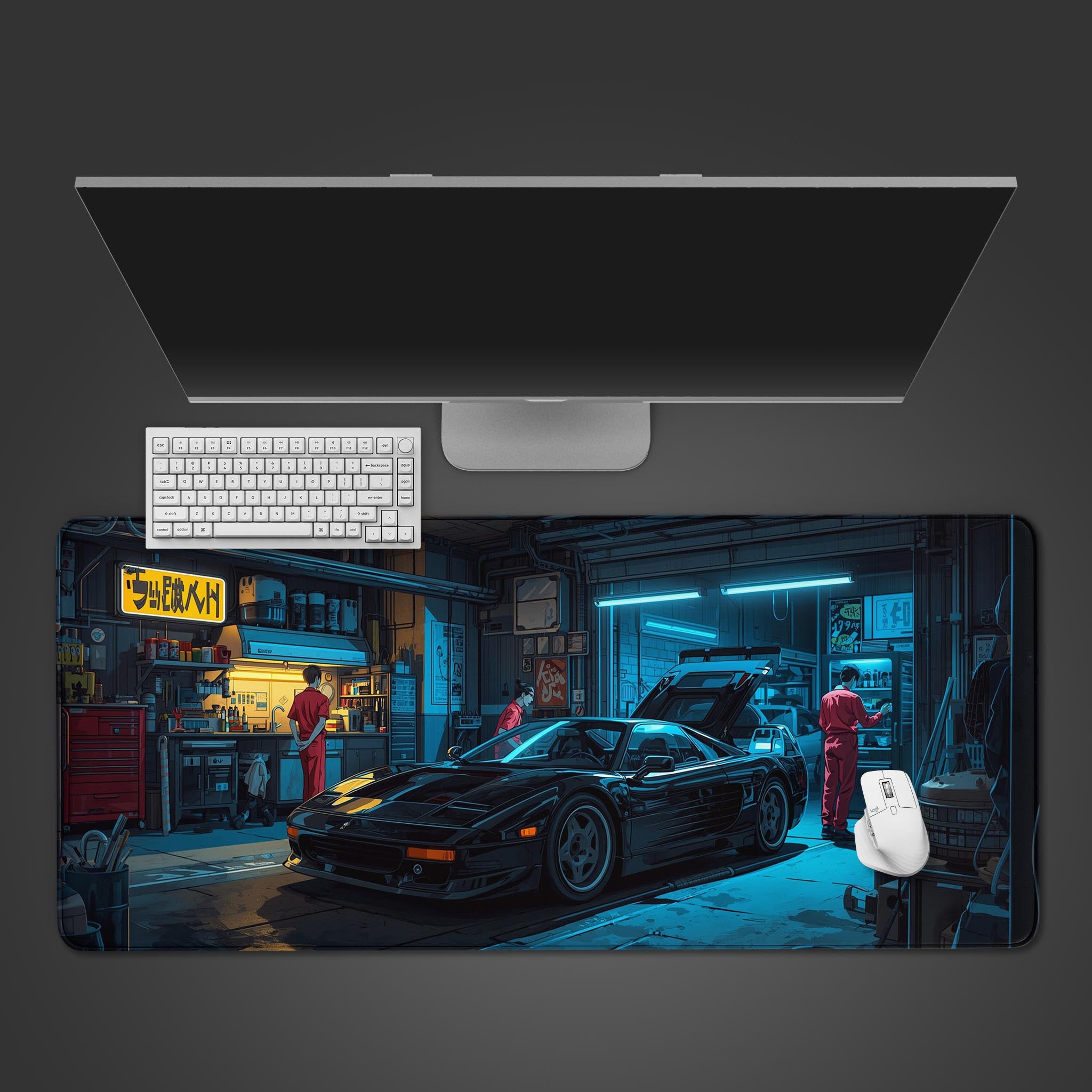 Midnight Tune automotive desk mat with a cyberpunk sports car in a neon garage – shown on a desk with a black keyboard and mouse. - Epic Design Pads