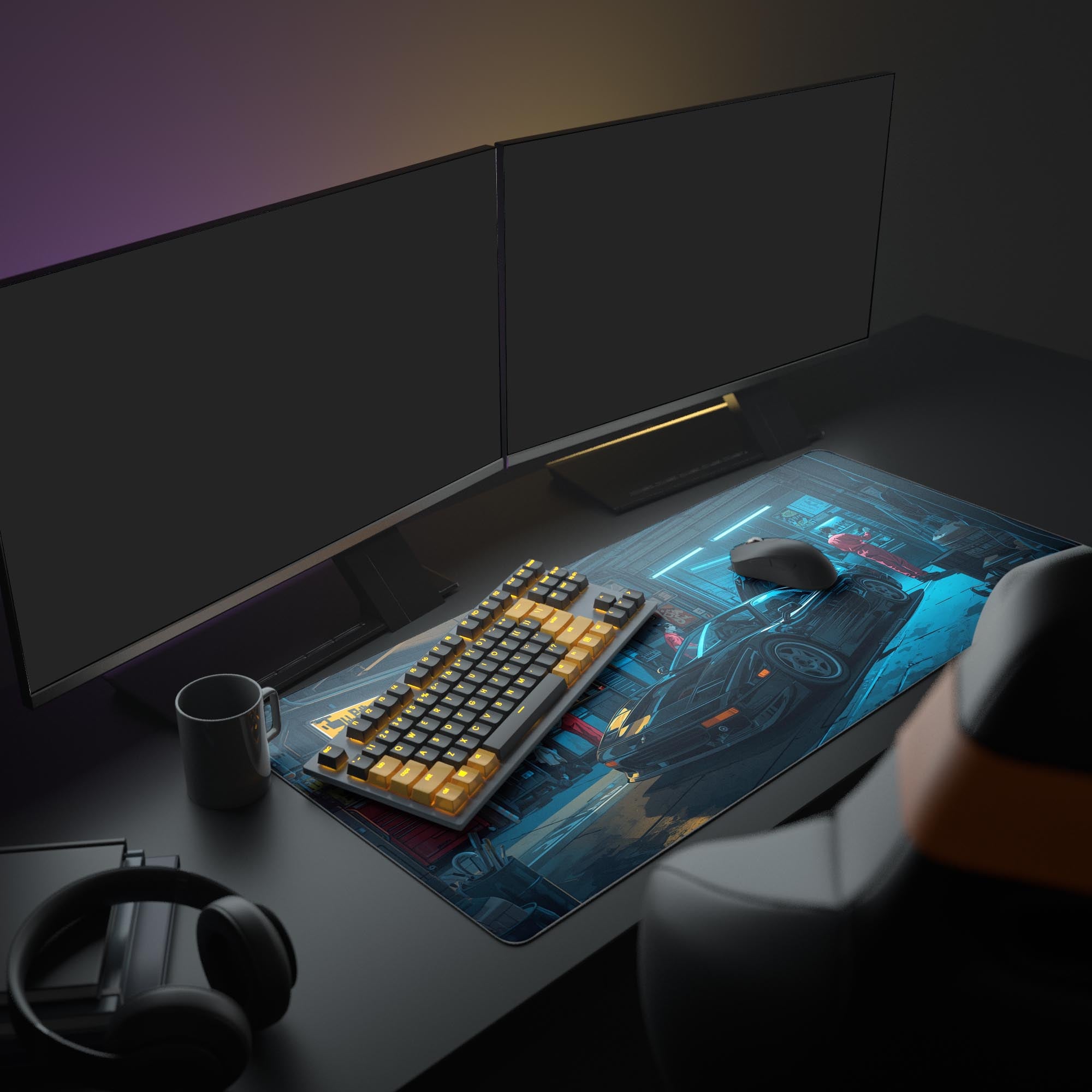 Large Midnight Tune car themed desk mat in a full gaming setup with dual monitors, headphones, and vibrant blue ambient lighting. - Epic Design Pads