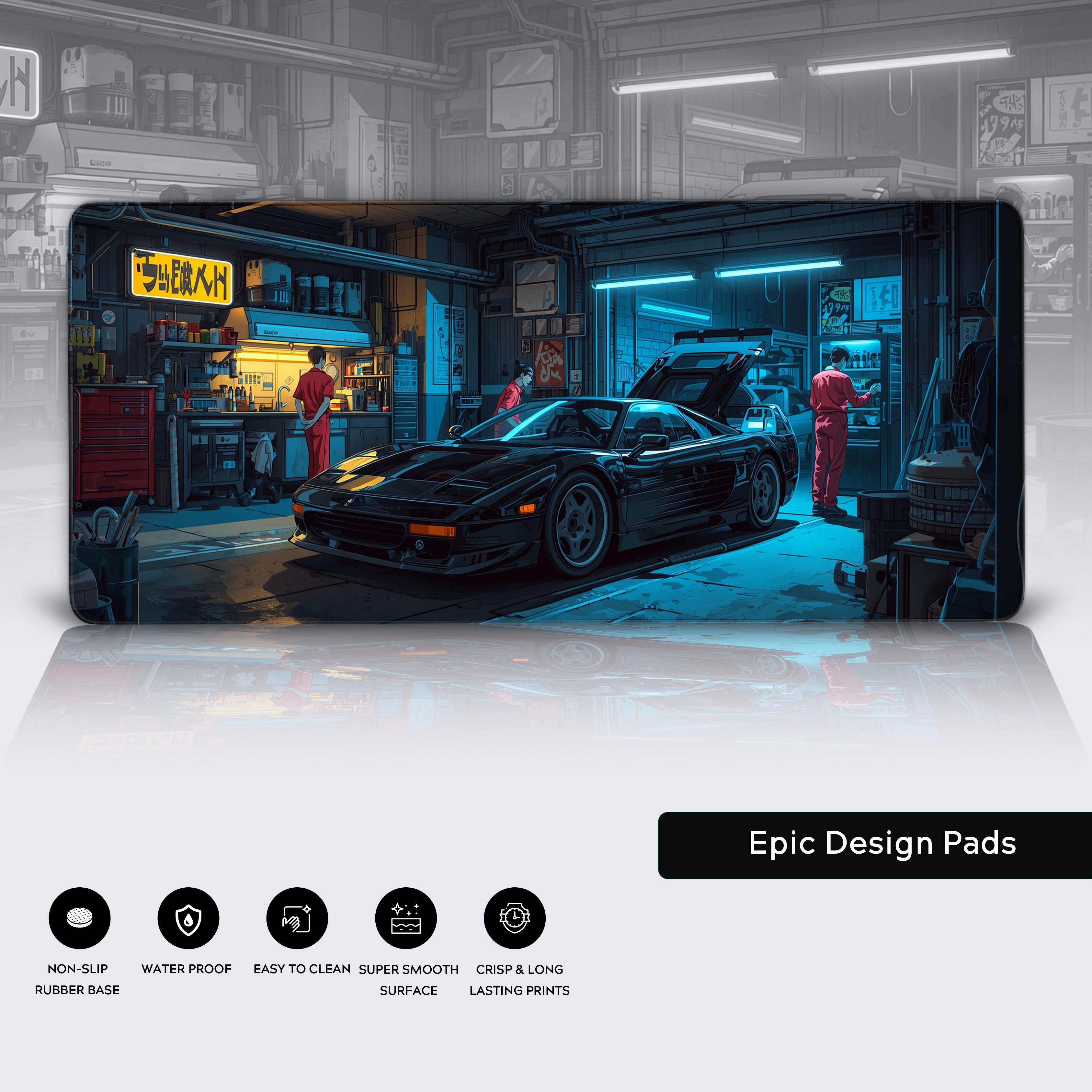 Close-up of the Midnight Tune automotive desk mat highlighting the durable stitched edges, smooth water-resistant surface, and non-slip rubber base. - Epic Design Pads