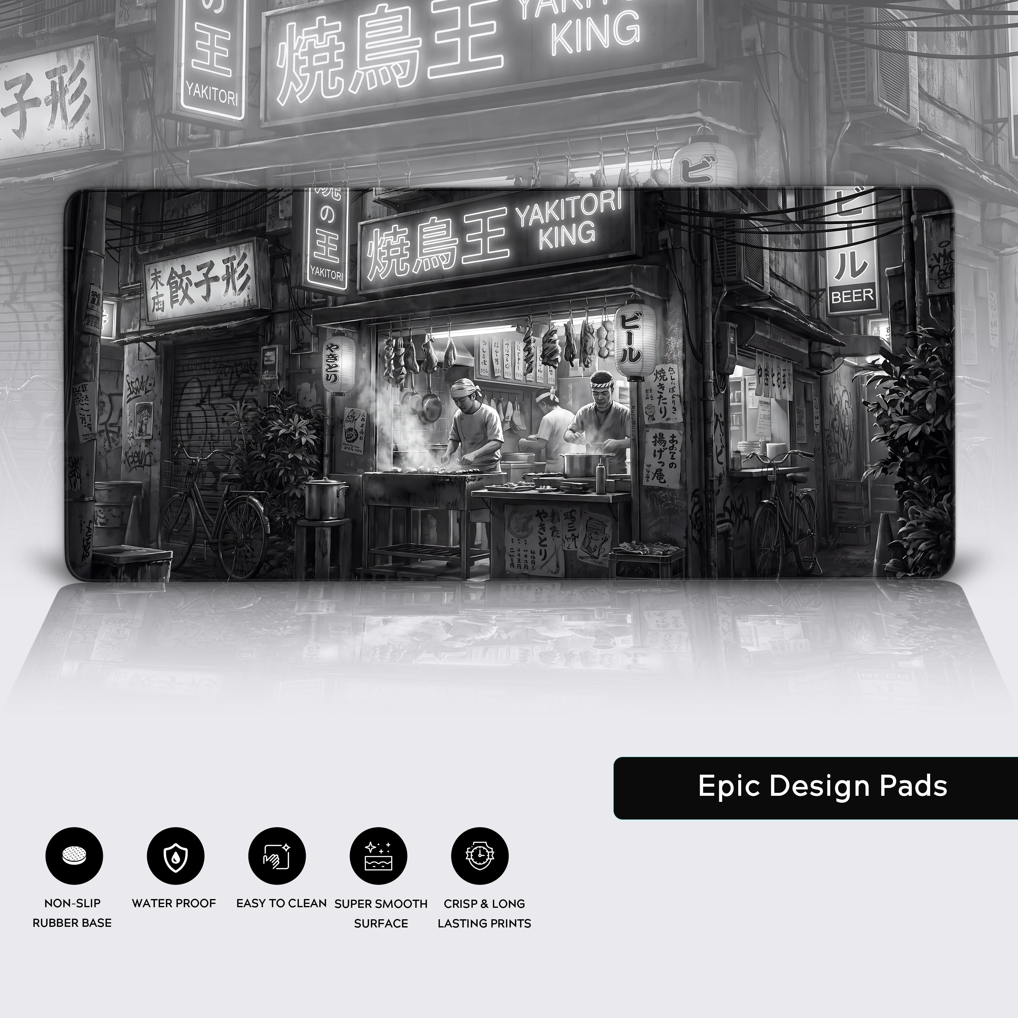 Wide view of the monochromatic urban alleyway desk mat, displaying parked bicycles and detailed street elements.