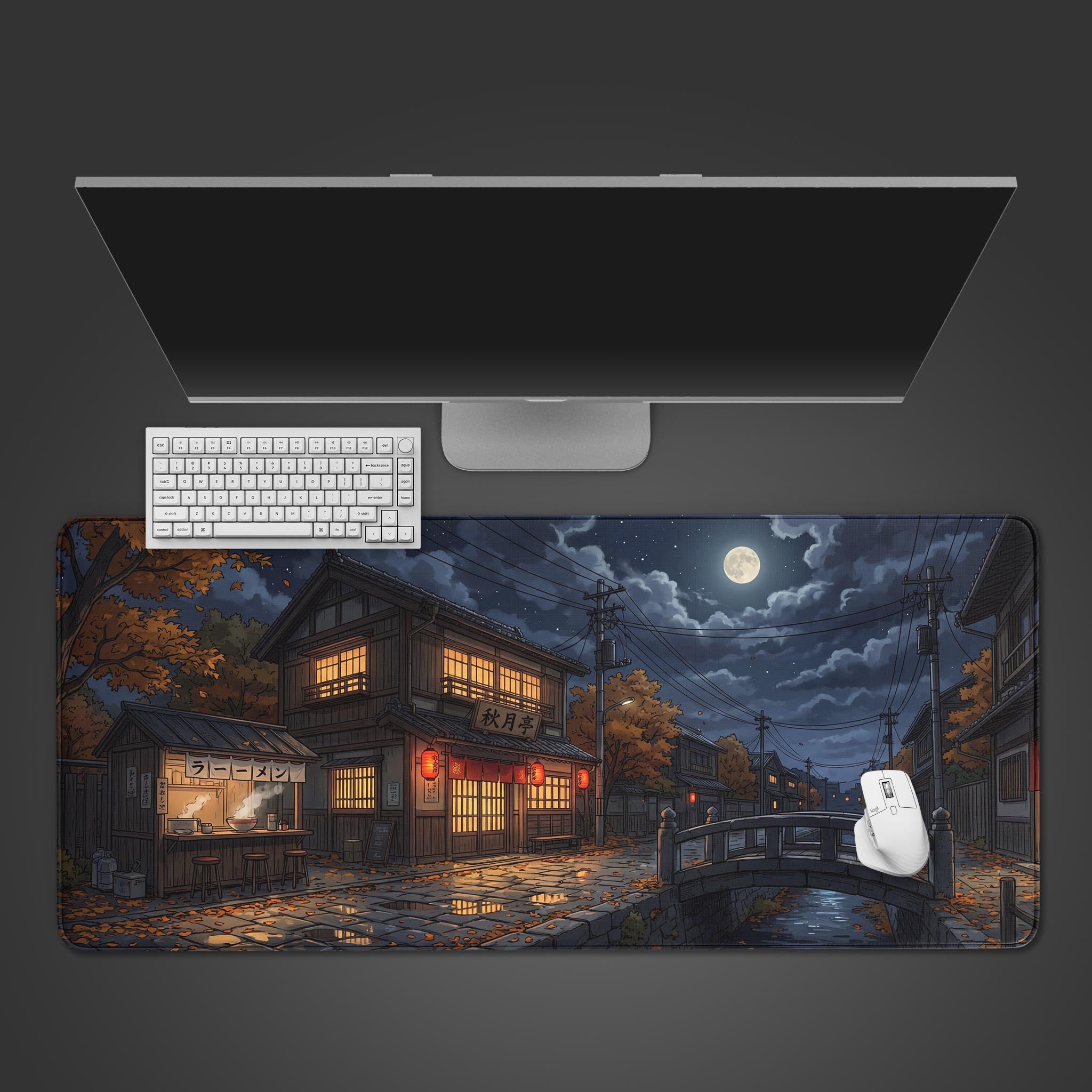 A top-down view of the Midnight Yatai gaming desk mat, showing a Japanese night scene with a ramen stall. A white keyboard and mouse are placed on it. - Epic Design Pads & Mousepads