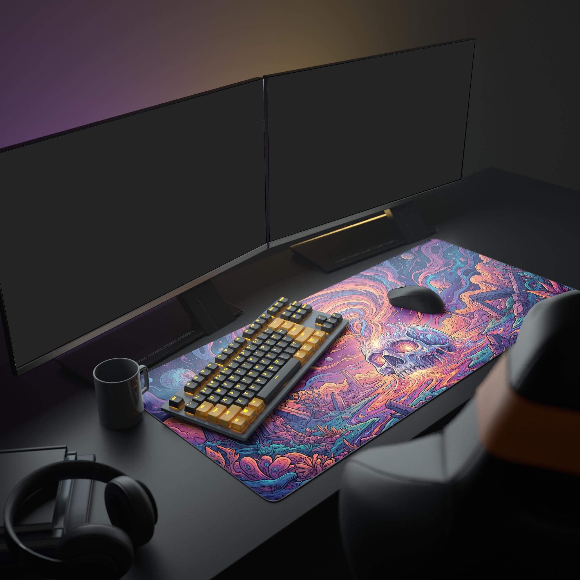 A full gaming setup featuring the vibrant Mind Vortex mouse pad, creating a cosmic aesthetic with multiple monitors and an illuminated keyboard. - Epic Design Pads & Mousepads