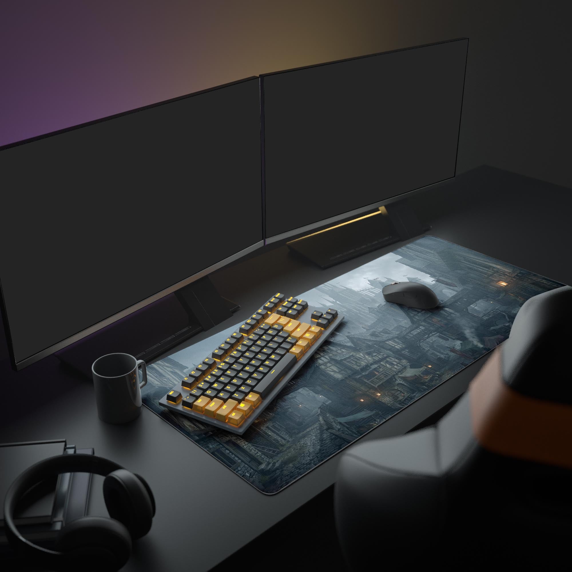 The Misty Borough fantasy city mouse pad as the centerpiece of a gaming setup, with an illuminated keyboard and glowing monitor. - Epic Design Pads & Mousepads